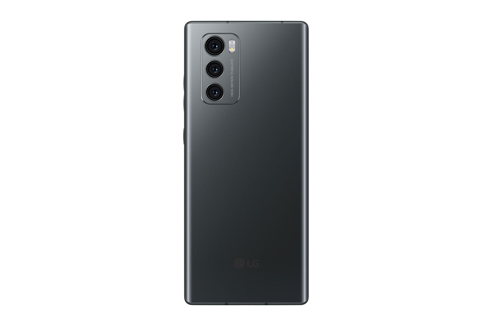 Ein graues LG-Telefon, Rückansicht. Verfügt über ein Dreifachkamerasystem und das LG-Logo.