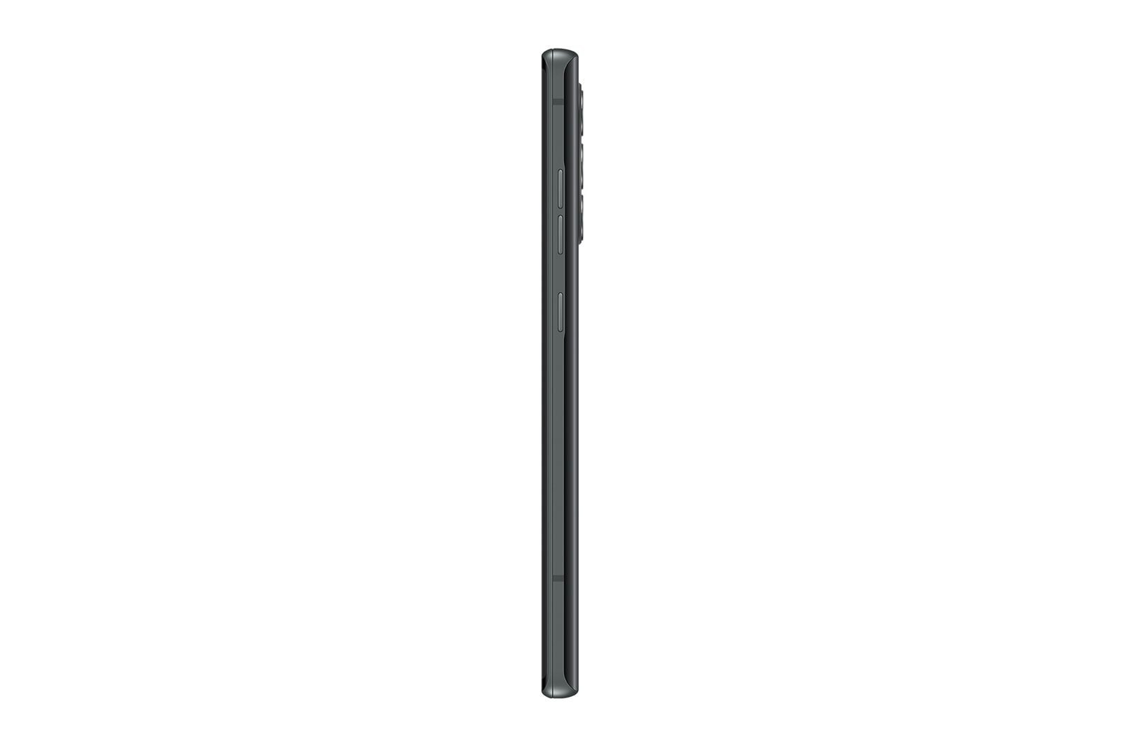 Seitenansicht eines schwarzen Smartphones. Das Telefon ist auf weißem Hintergrund.