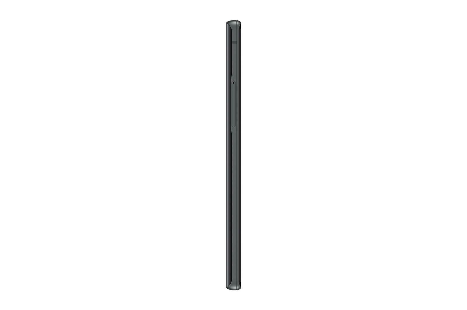 Seitenansicht eines dunkelgrauen Smartphones. Das Profil ist schlank und die Kanten glatt.
