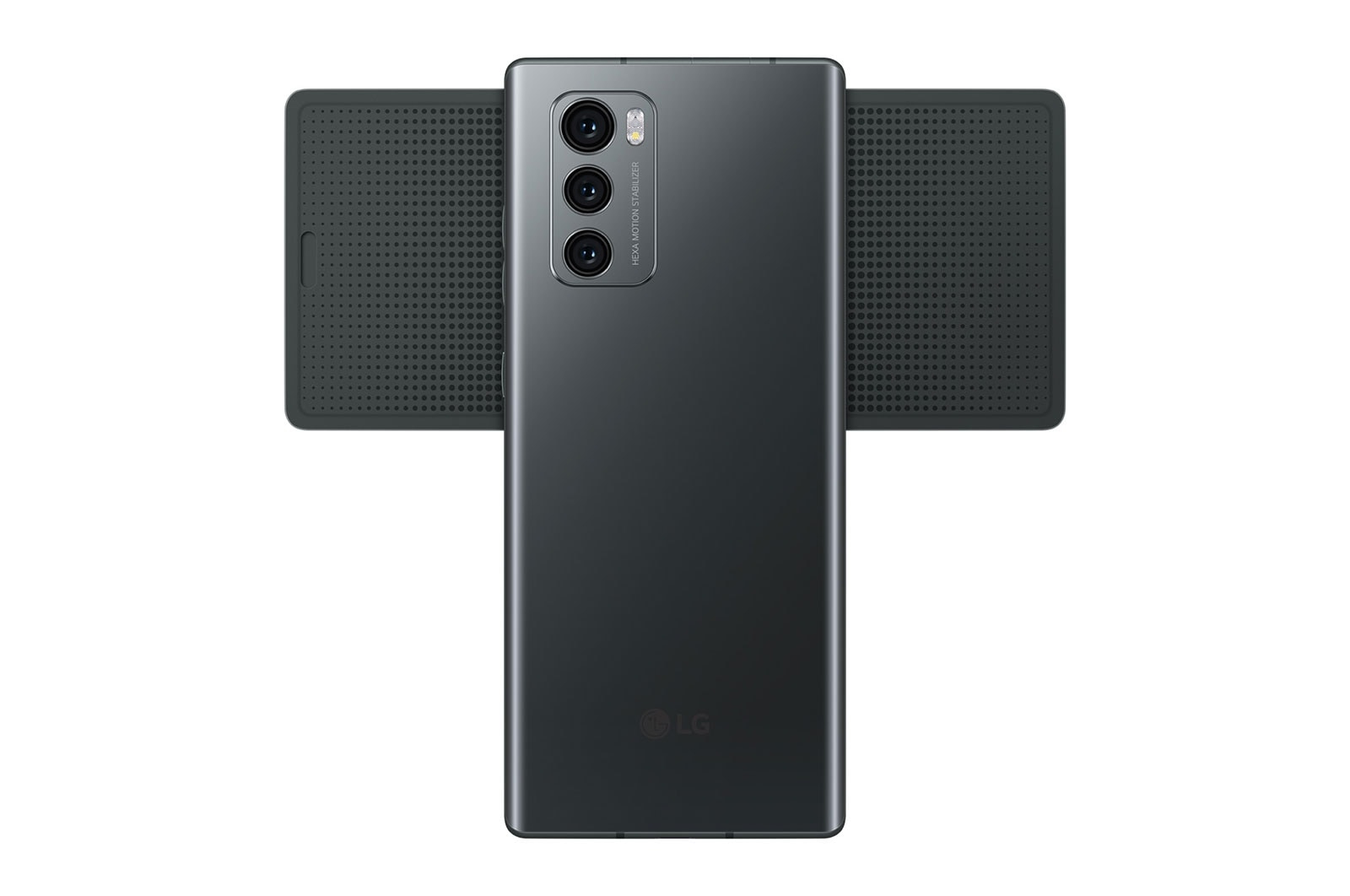 Dunkelgraues Smartphone mit zwei geöffneten Bildschirmen, weißer Hintergrund.
