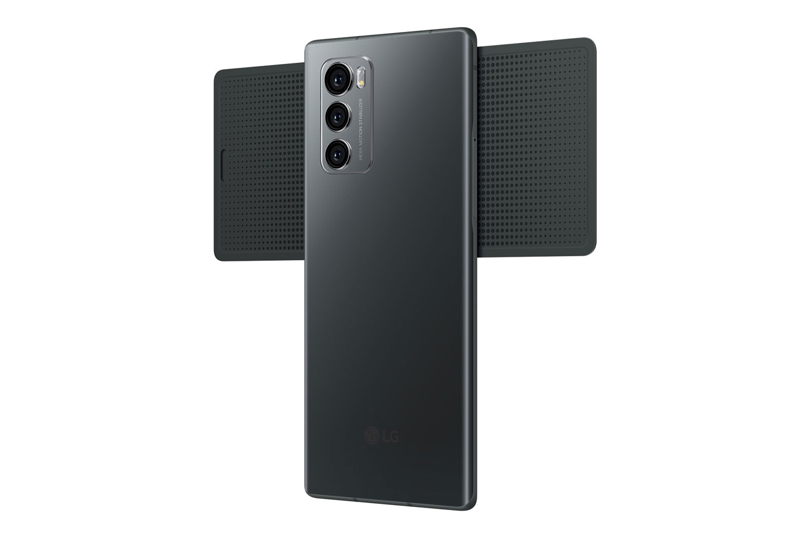 Dunkelgraues Smartphone mit drei Kameras und ausgeklapptem Bildschirm.