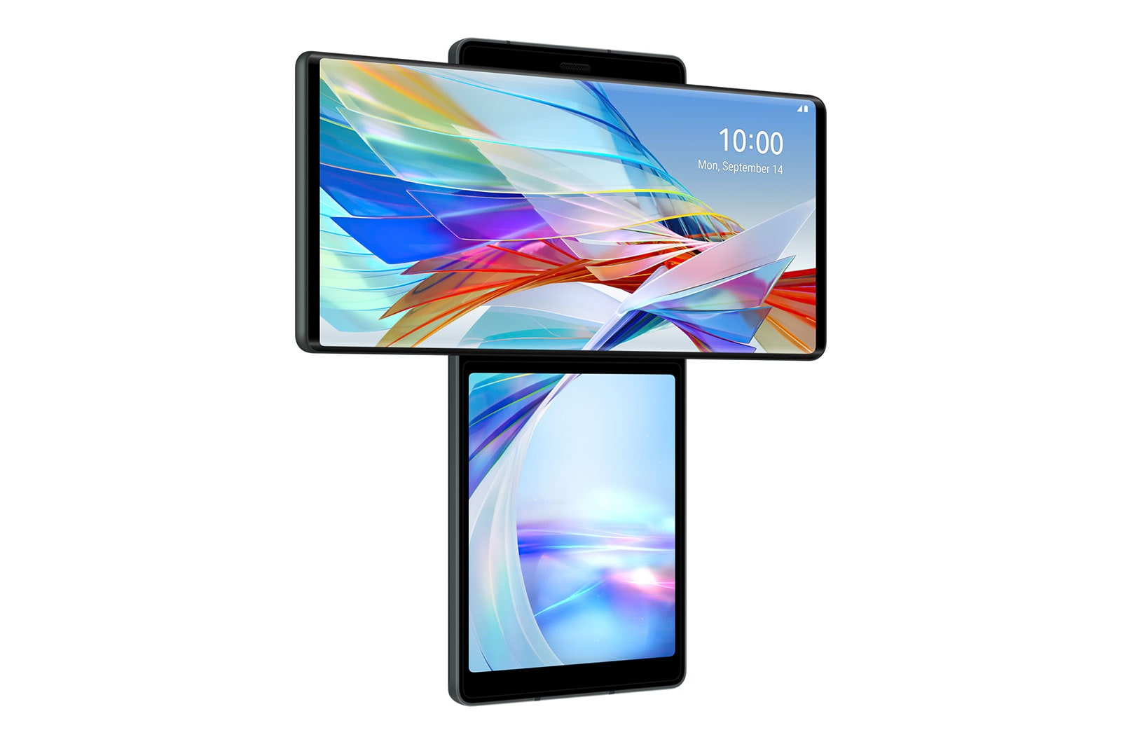 Dual-Screen-Telefon, schwarzer Rahmen, Displays. Oberer Bildschirm zeigt Datum, unterer abstrakte Kunst.