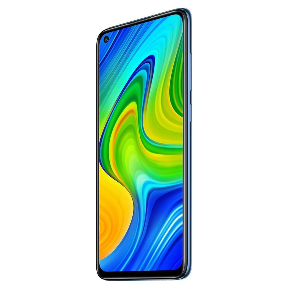 Ein blaues Smartphone mit einem Bildschirm, der abstrakte blaue und orangefarbene Wirbel zeigt.