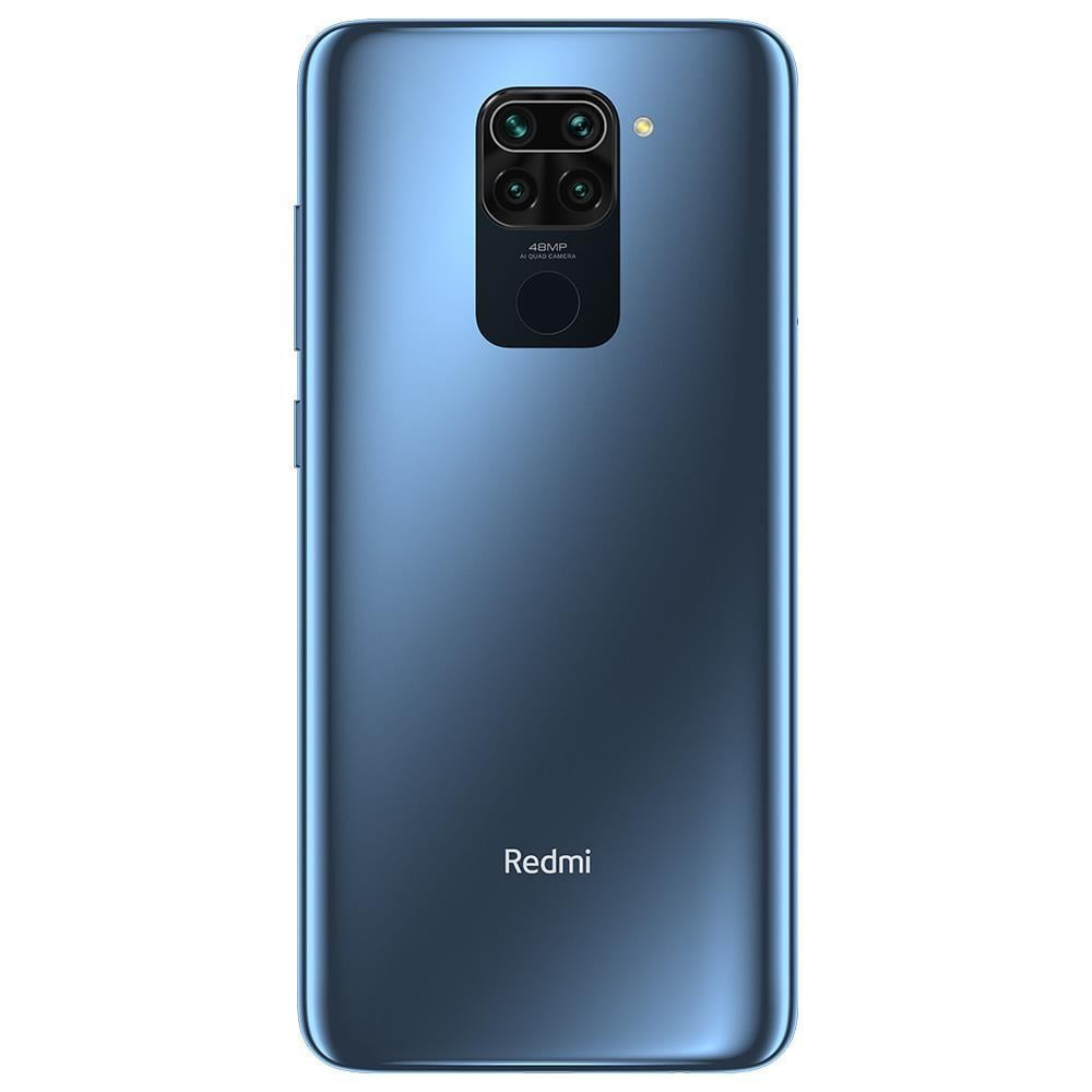 Blaue Telefonrückseite mit Kamera und Redmi-Logo.