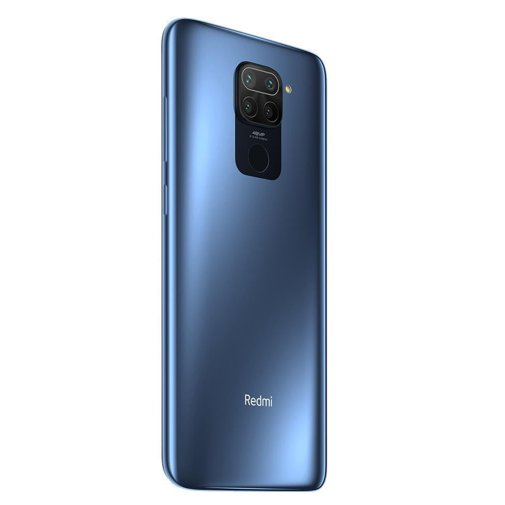 Blaue Smartphone-Rückseite, Kameras, Redmi-Logo, auf weißem Hintergrund.