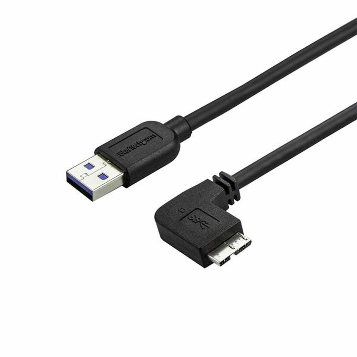Cavo USB nero con connettori USB e micro-USB, micro-USB angolato. Sfondo bianco.