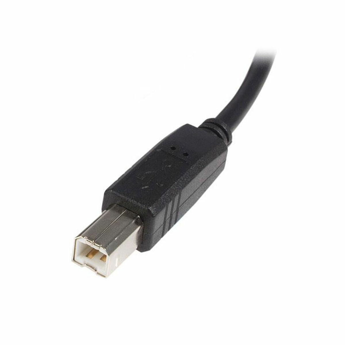 Primo piano di un cavo USB nero con connettore USB.