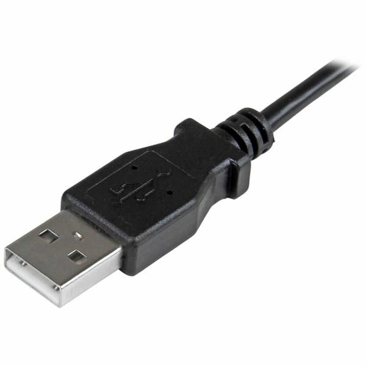 Cavo USB nero. Connettore a sinistra, USB a destra. Primo piano su sfondo bianco.