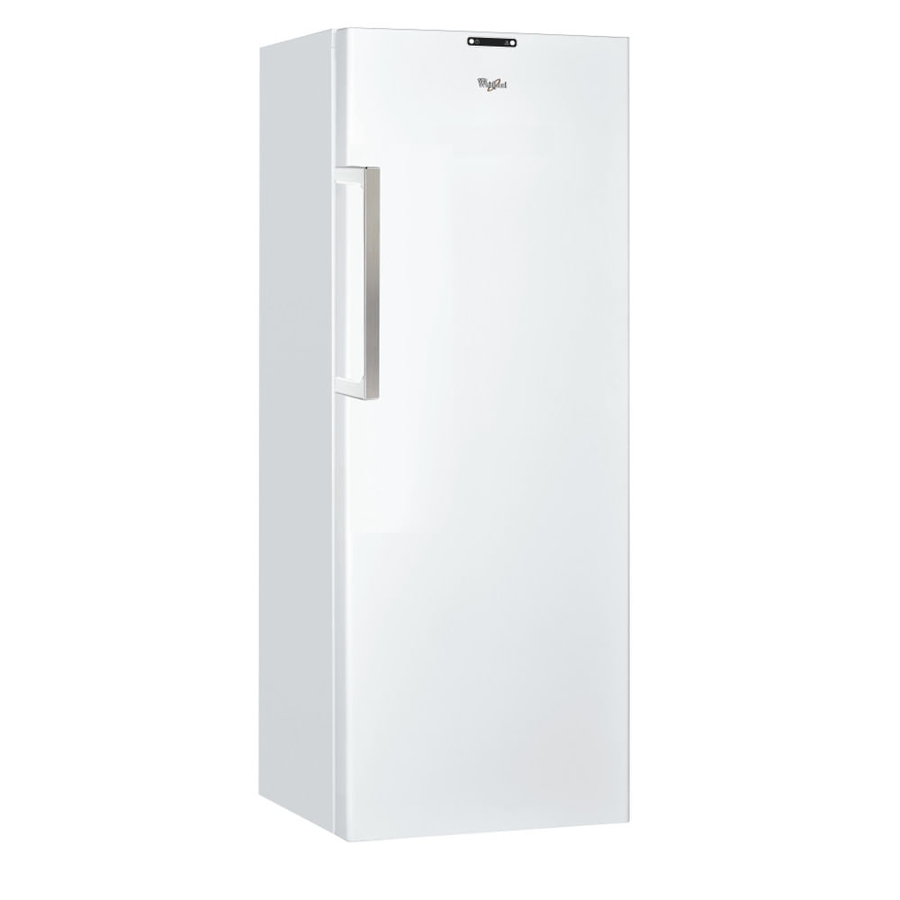 Congelatore Whirlpool bianco, alto e verticale, con una maniglia sulla porta.