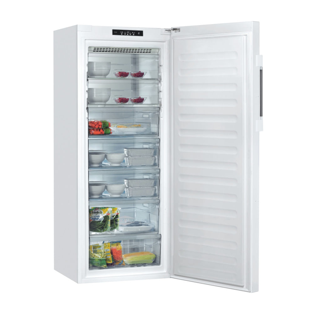 Congelatore bianco con porta aperta, che mostra cassetti trasparenti pieni di generi alimentari.