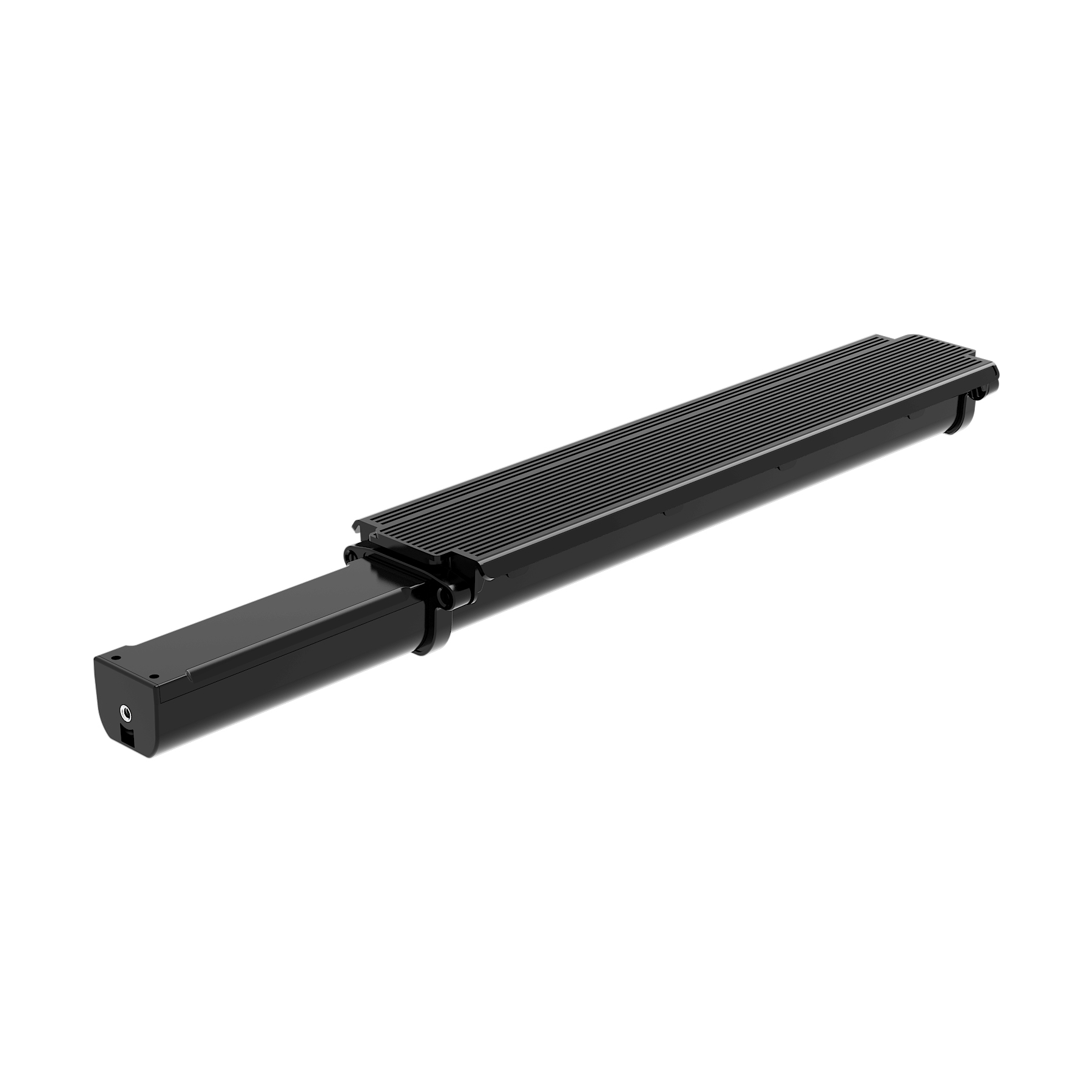 Eine schwarze LED-Leuchte mit einer langen, rechteckigen Form, auf weißem Hintergrund.