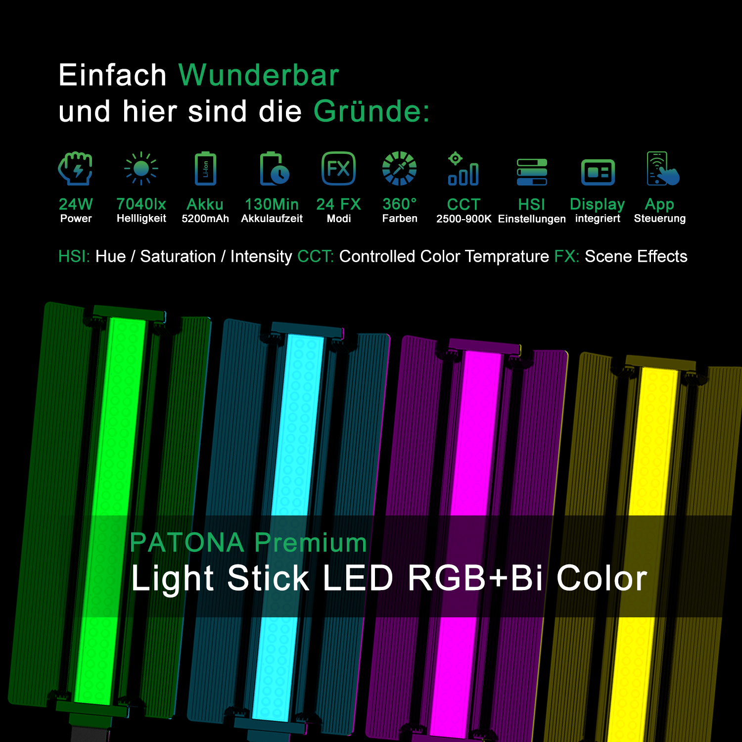LED-Lichtstab mit mehreren Farboptionen. Text und Symbole zeigen Leistung, Helligkeit und Funktionen.