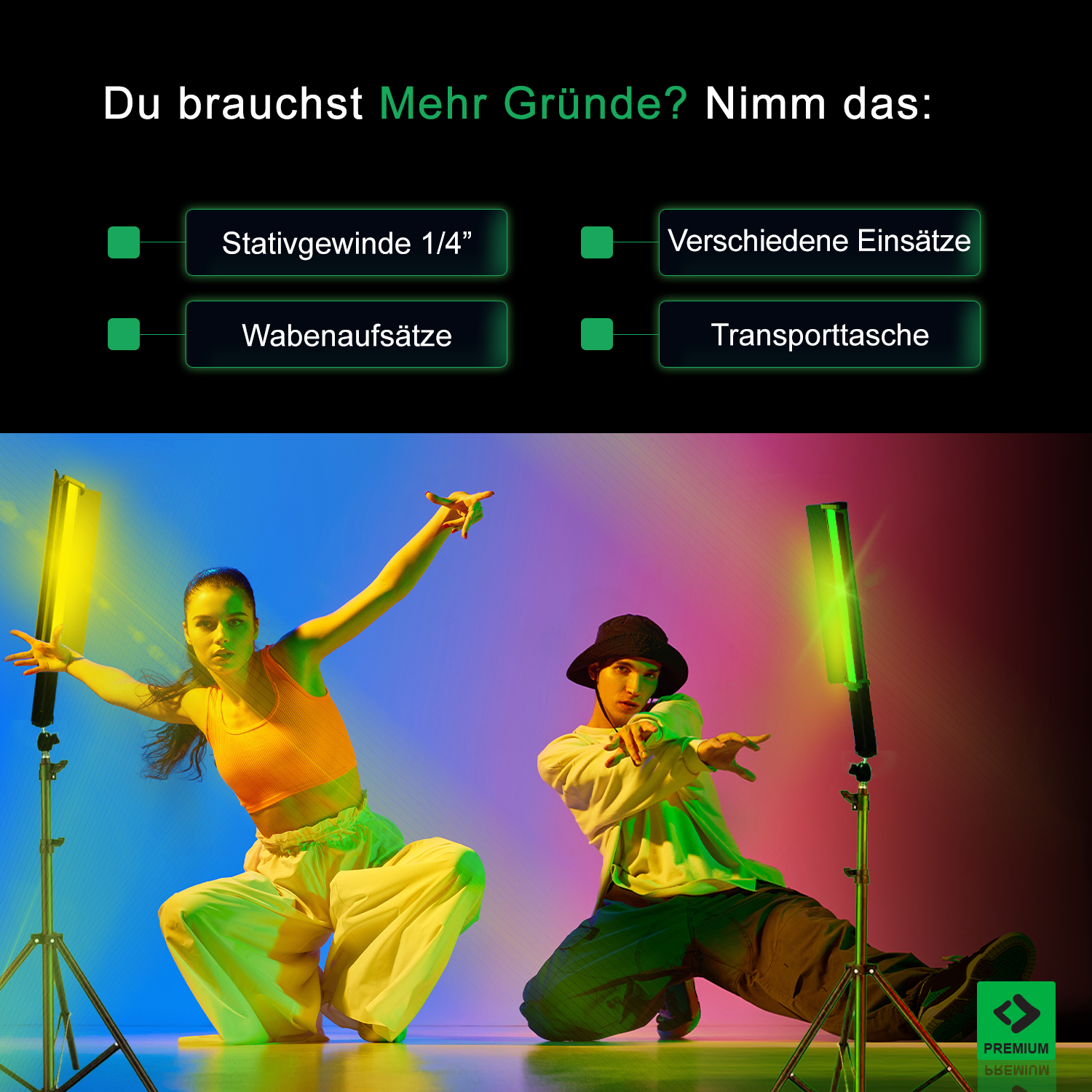 Tanzende Menschen unter grünen und gelben LED-Leuchten, mit verschiedenen Lichtzubehörteilen.