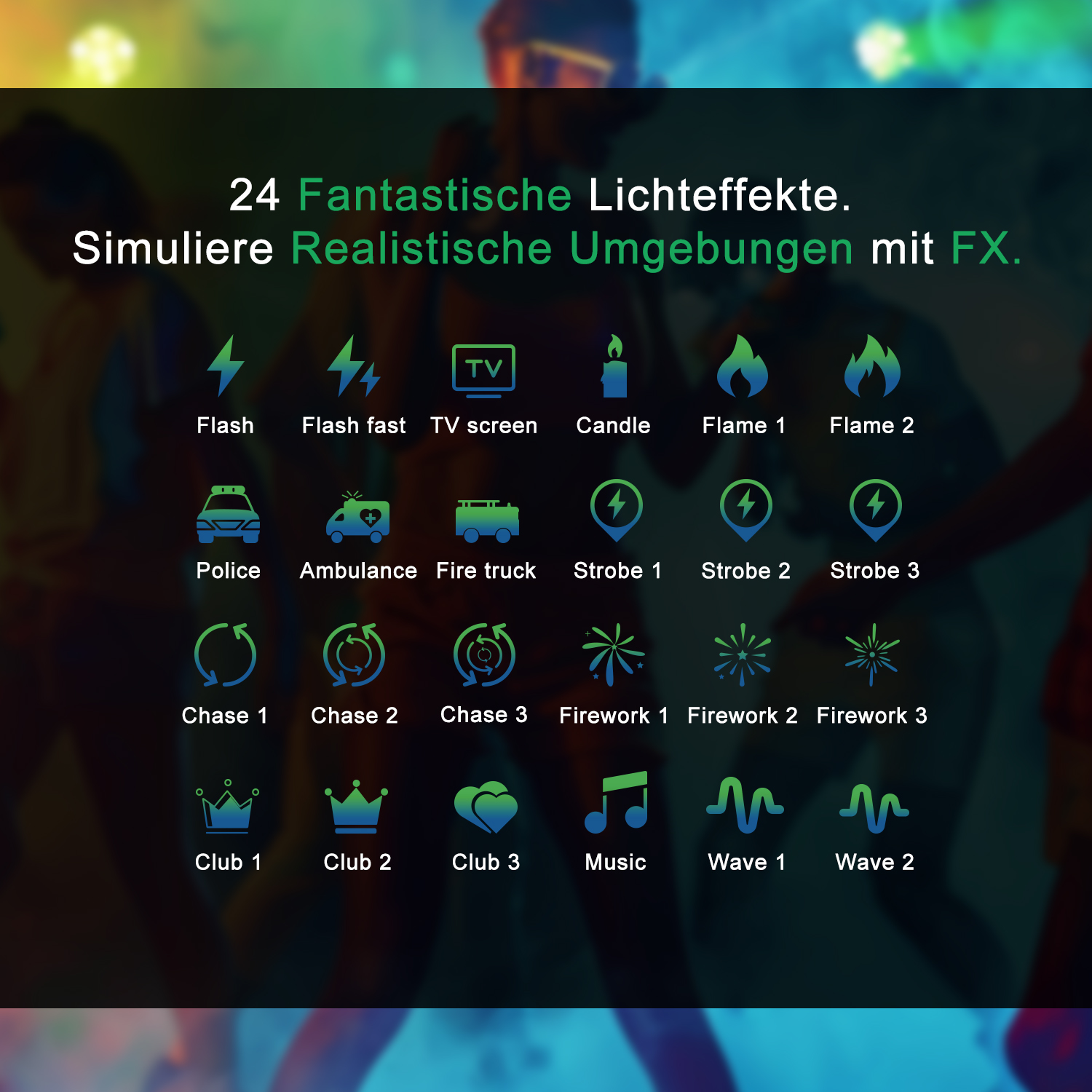 Icons von Effekten: Blitz, TV, Kerze, Flamme, Polizei, Krankenwagen, Feuerwehrwagen, Stroboskop, Verfolgung, Feuerwerk, Club, Musik, Welle.