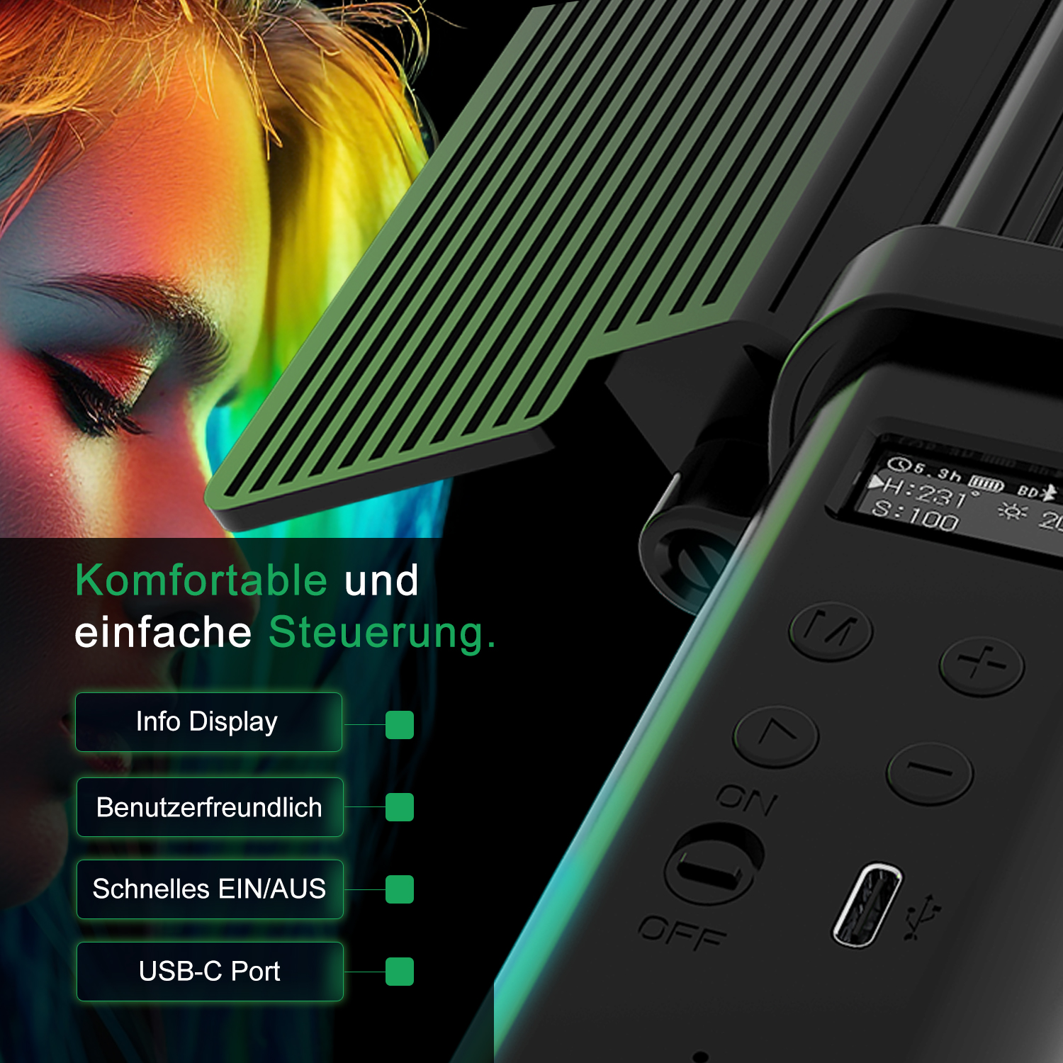 Eine tragbare LED-Leuchte mit mehreren Tasten und einem Bildschirm, mit Text auf Deutsch.