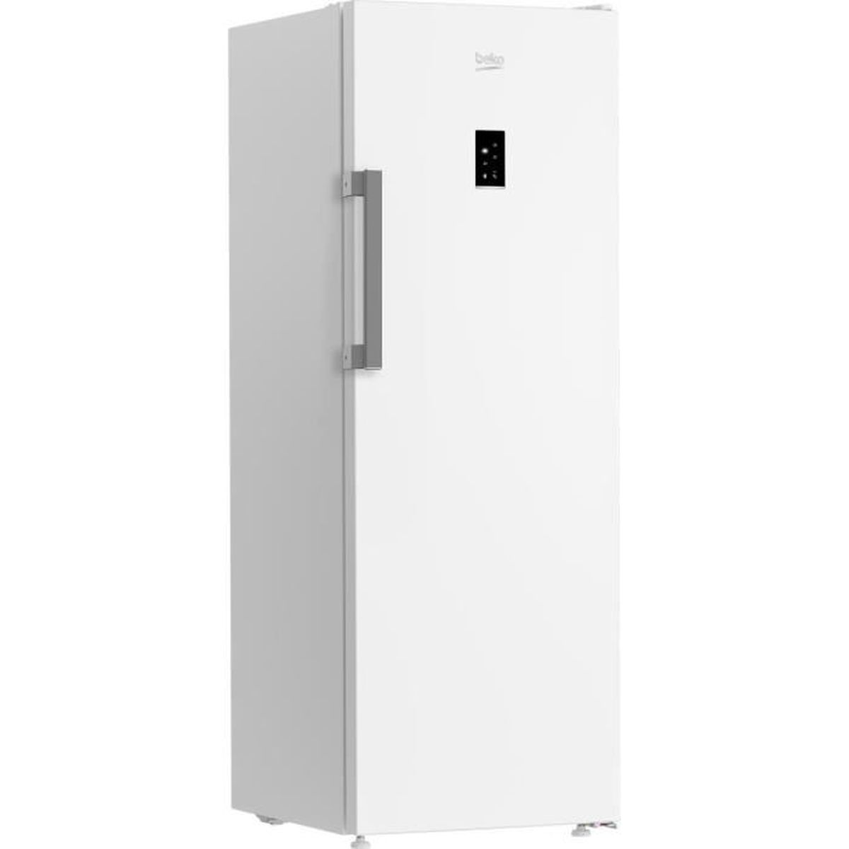 Congelatore Beko bianco, in piedi. Presenta una maniglia verticale e un display digitale sulla porta.