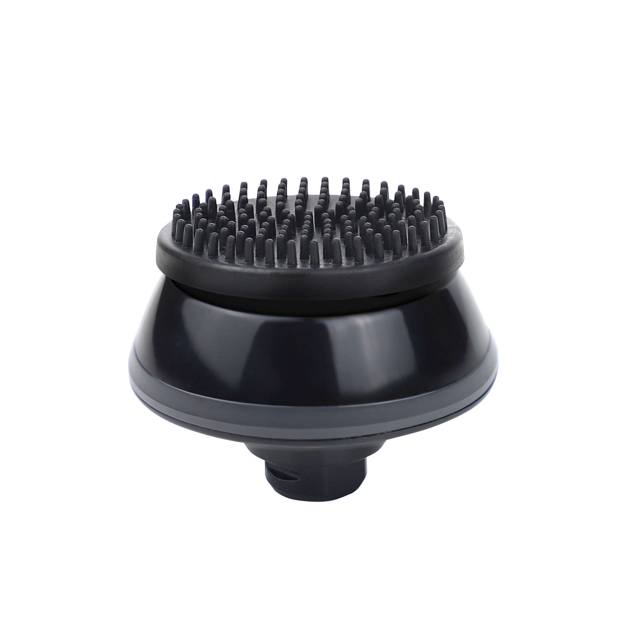 Un diffusore nero per asciugacapelli, a forma di cono con multiple punte morbide sulla parte superiore, per capelli ricci.