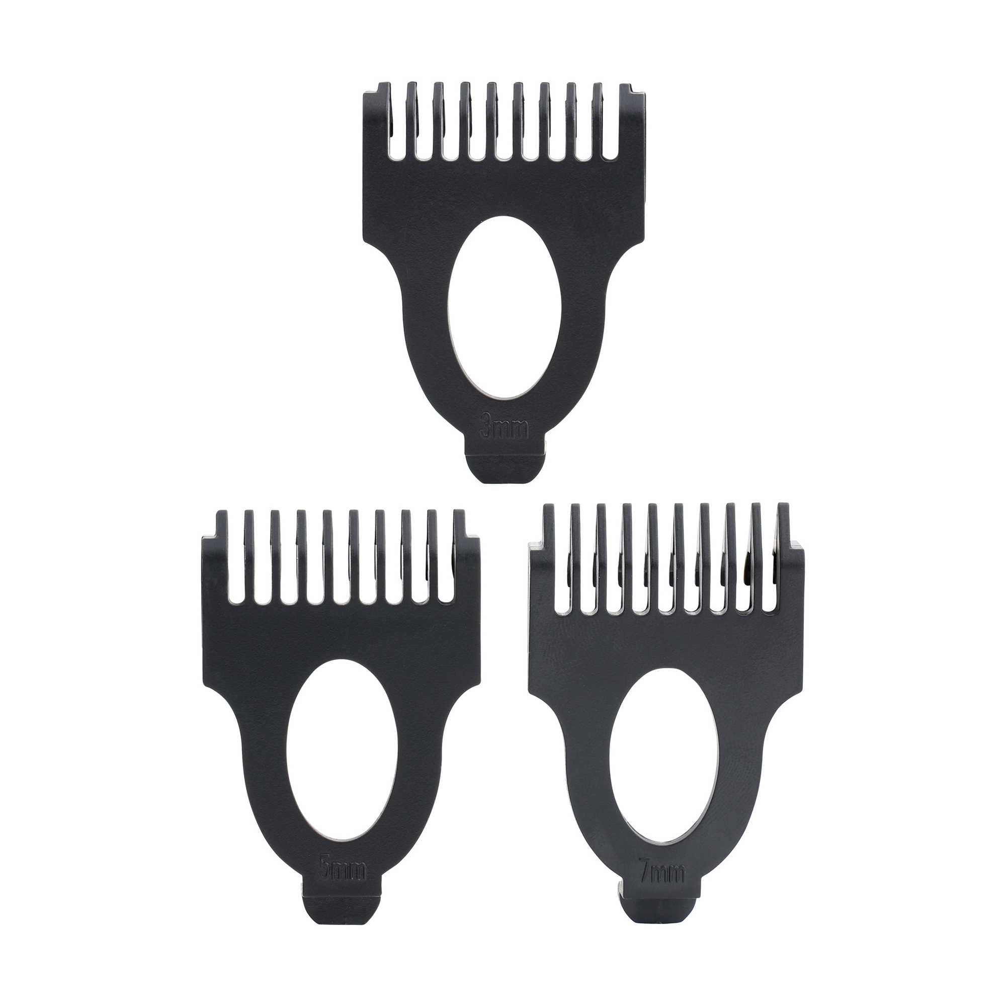 Tre protezioni nere per tagliacapelli: 3mm, 5mm e 7mm, su bianco.