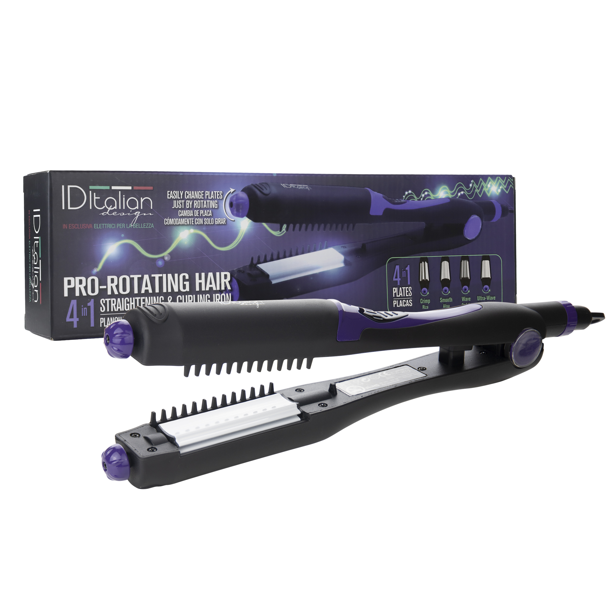 Czarno-fioletowa prostownica do włosów. Pudełko z detalami produktu w tle.