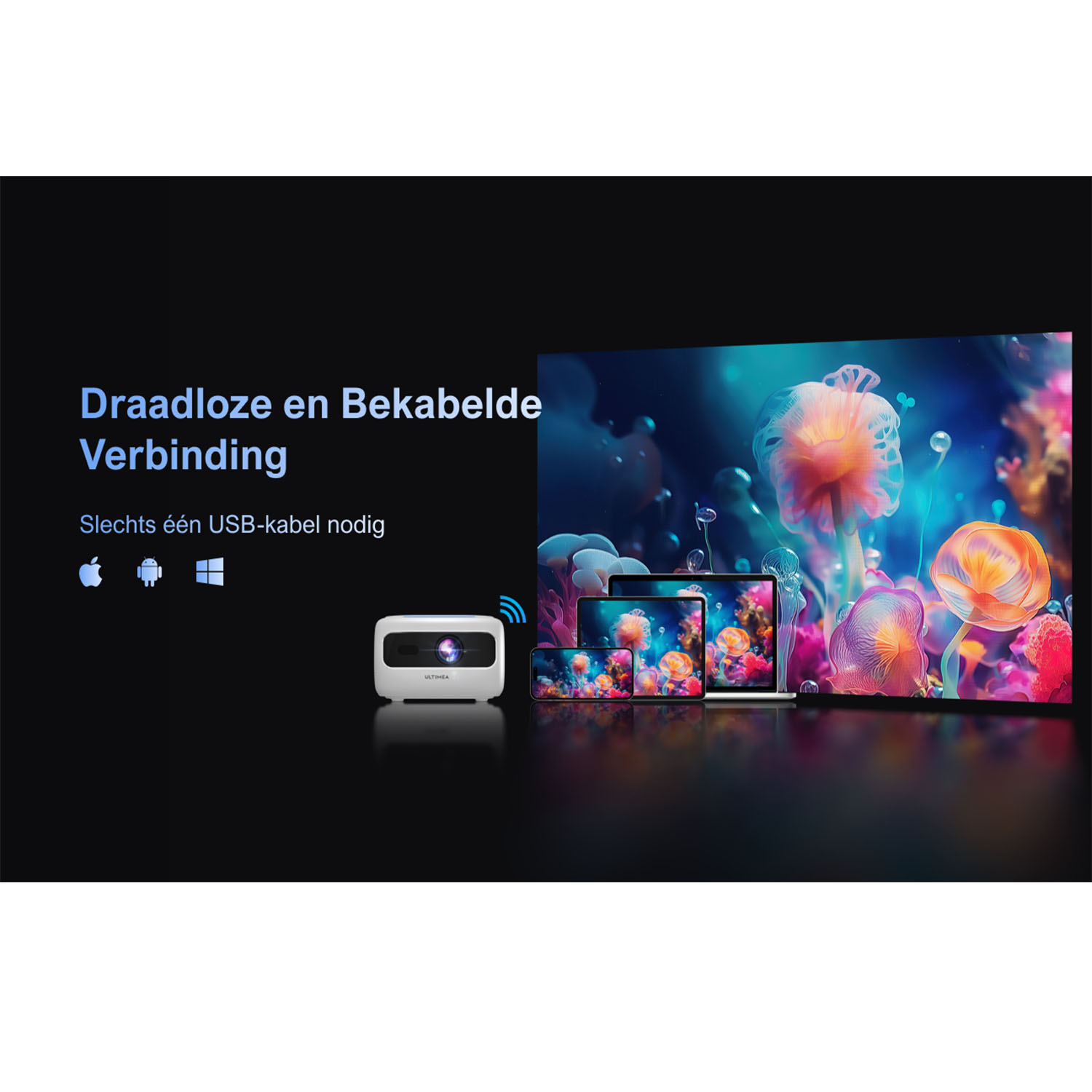 Projector and devices with screens displaying colorful jellyfish.