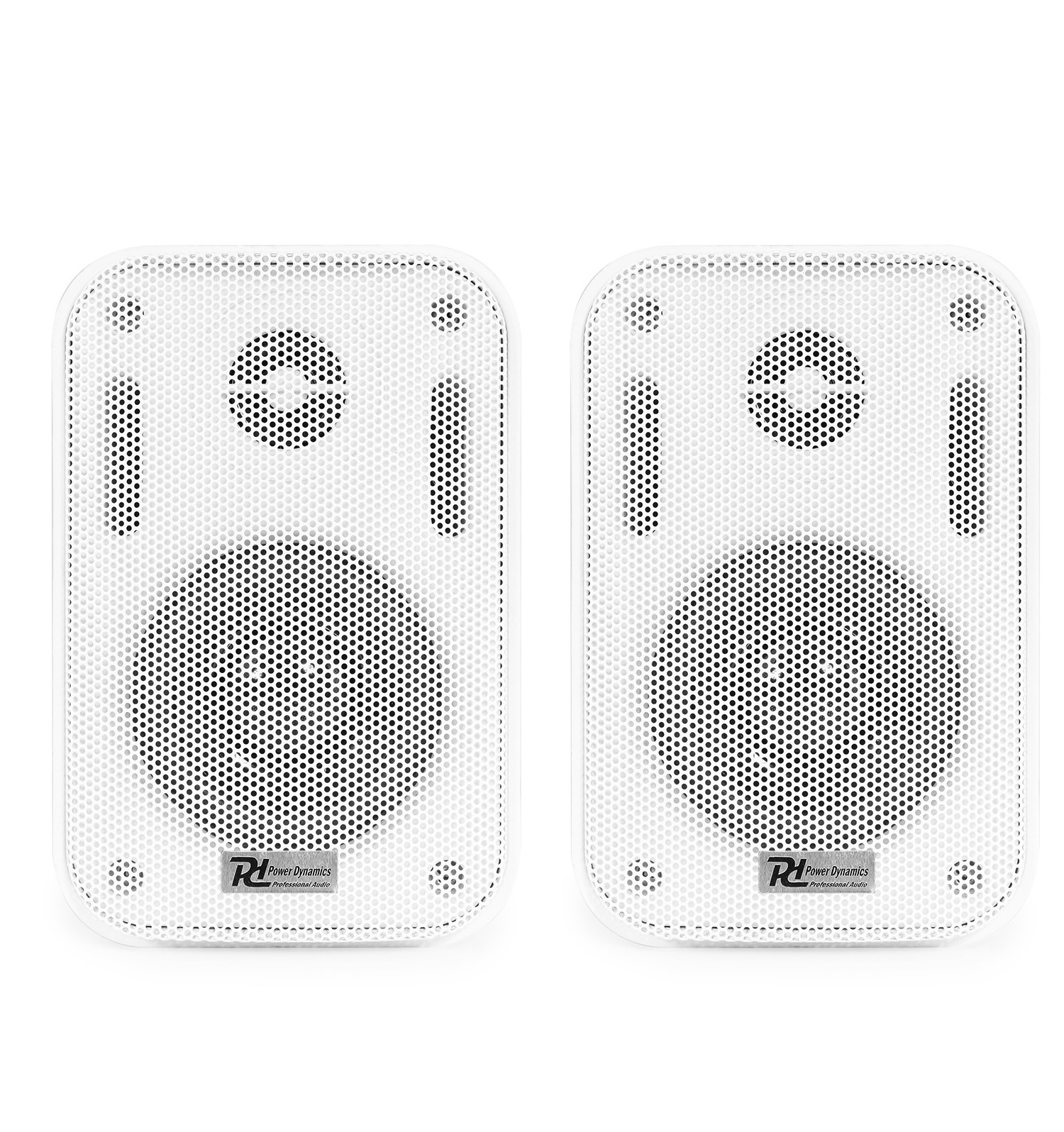 Dos altavoces blancos con malla negra, sobre un fondo blanco.