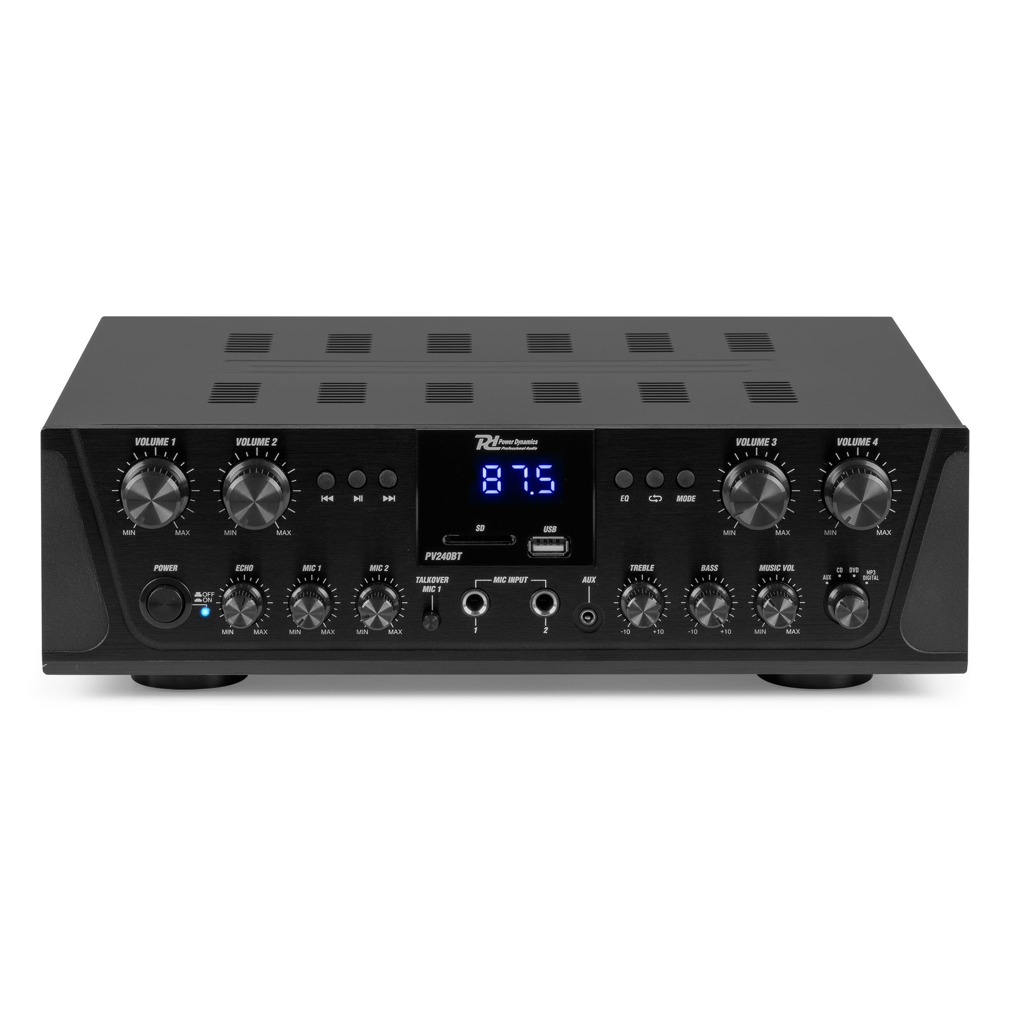 Amplificatore audio nero con manopole, pulsanti e display digitale.