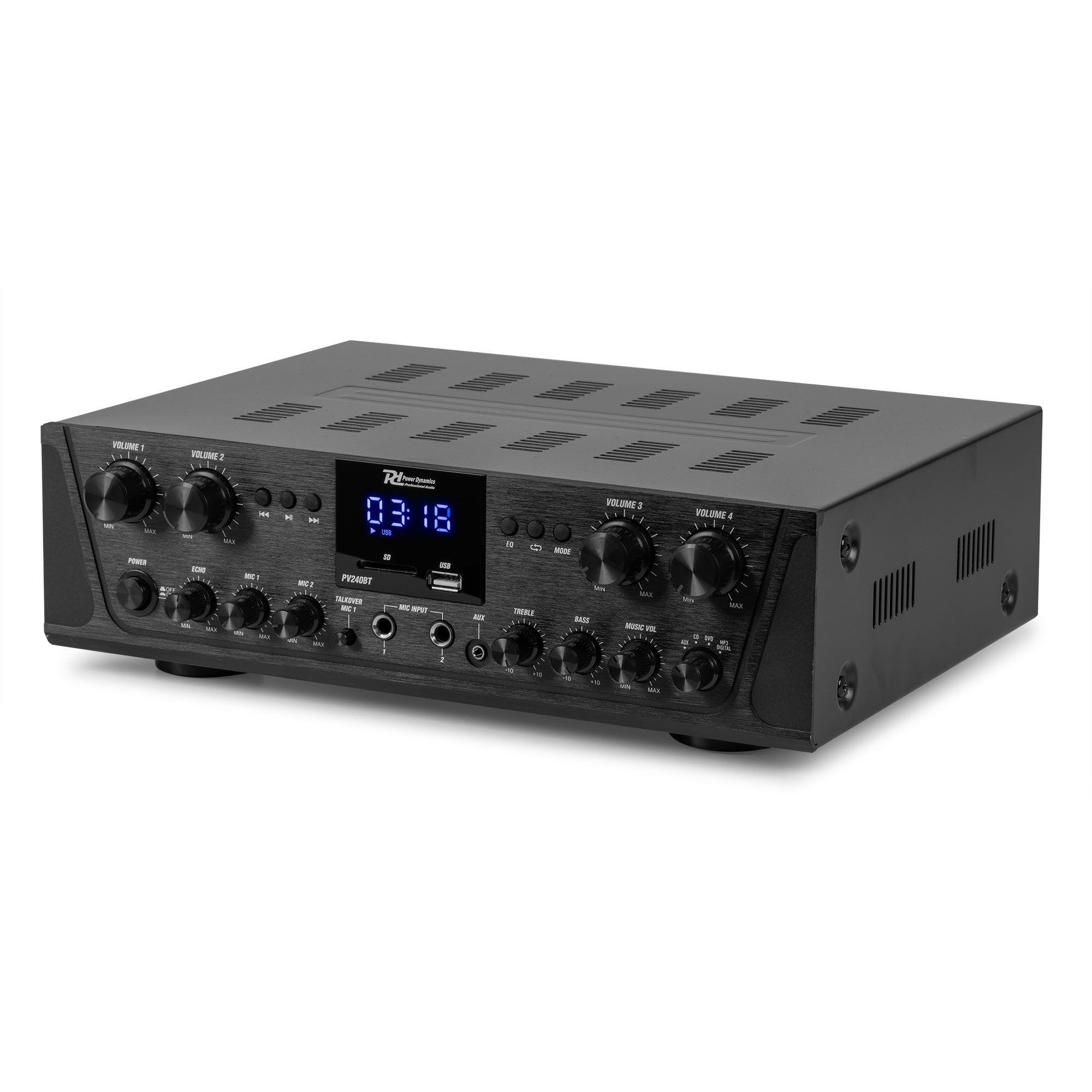 Amplificatore stereo nero con manopole, pulsanti e display.