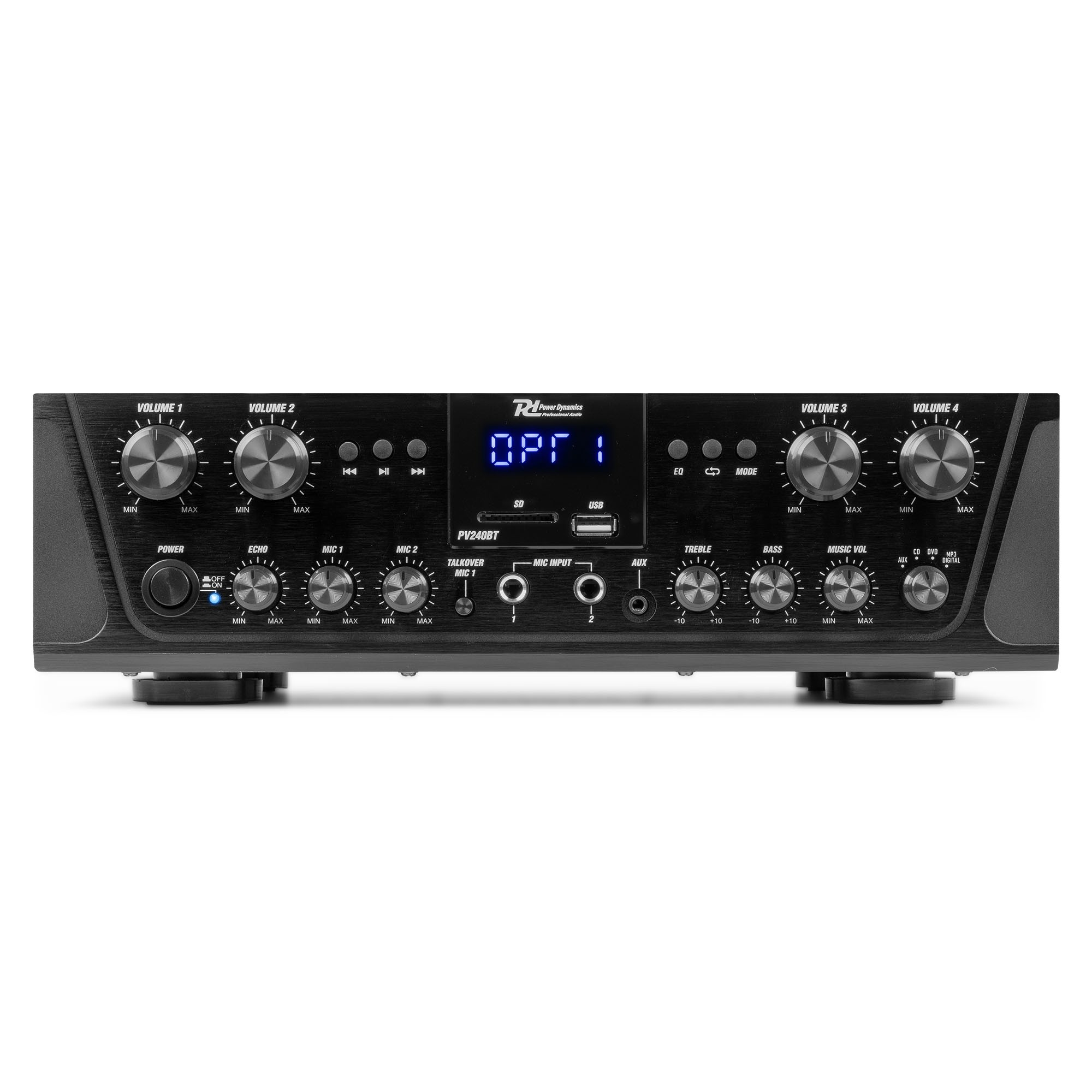 Amplificatore audio nero con manopole, pulsanti e display.