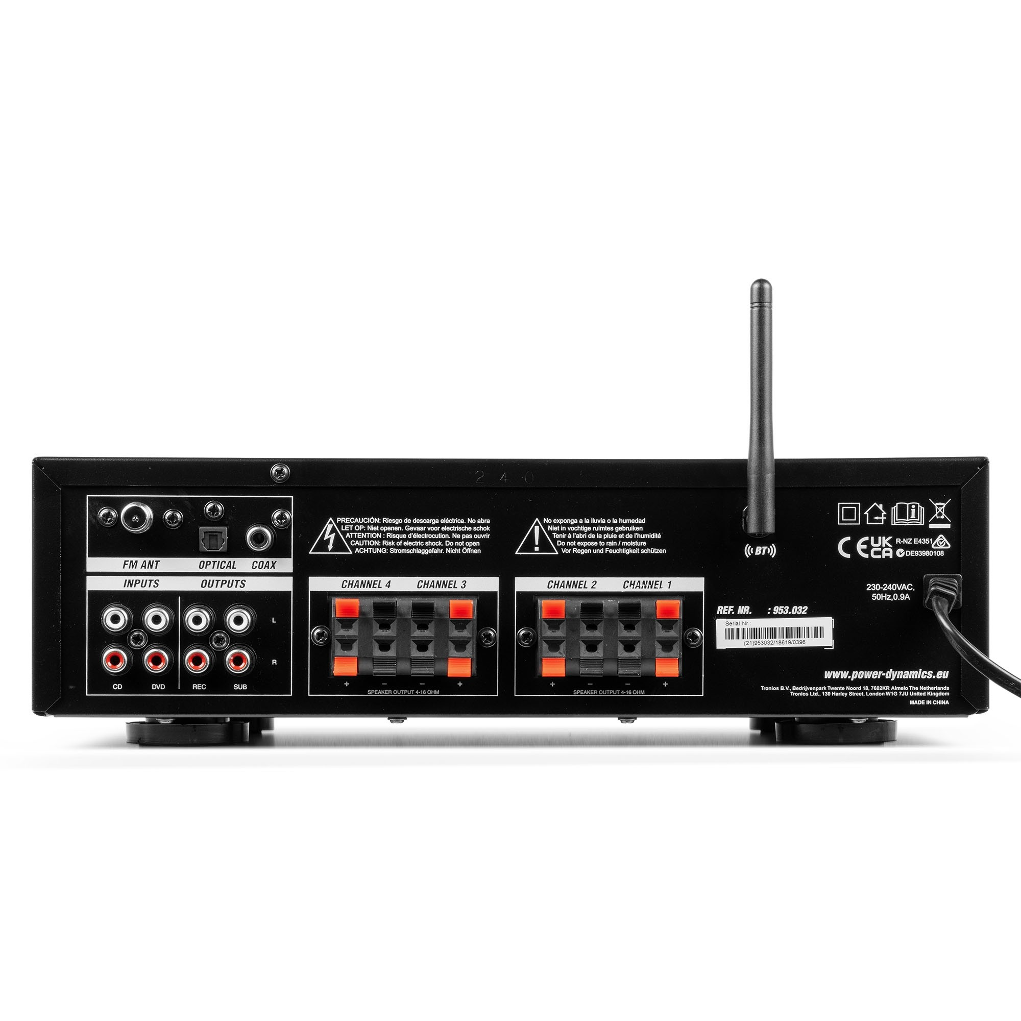 Retro del ricevitore audio nero con ingressi, uscite e antenna verticale.