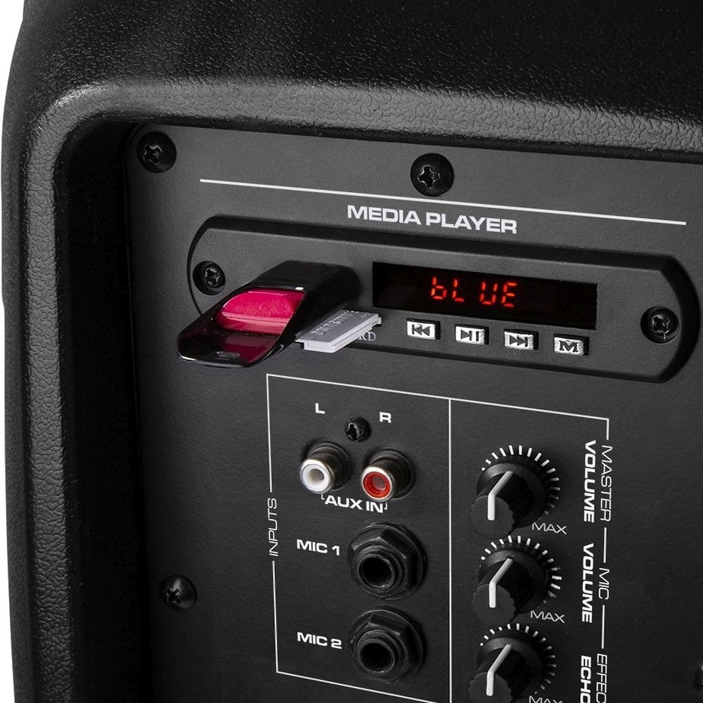 Panel trasero de altavoz negro. Controles del reproductor multimedia, puerto USB y conectores de entrada visibles.