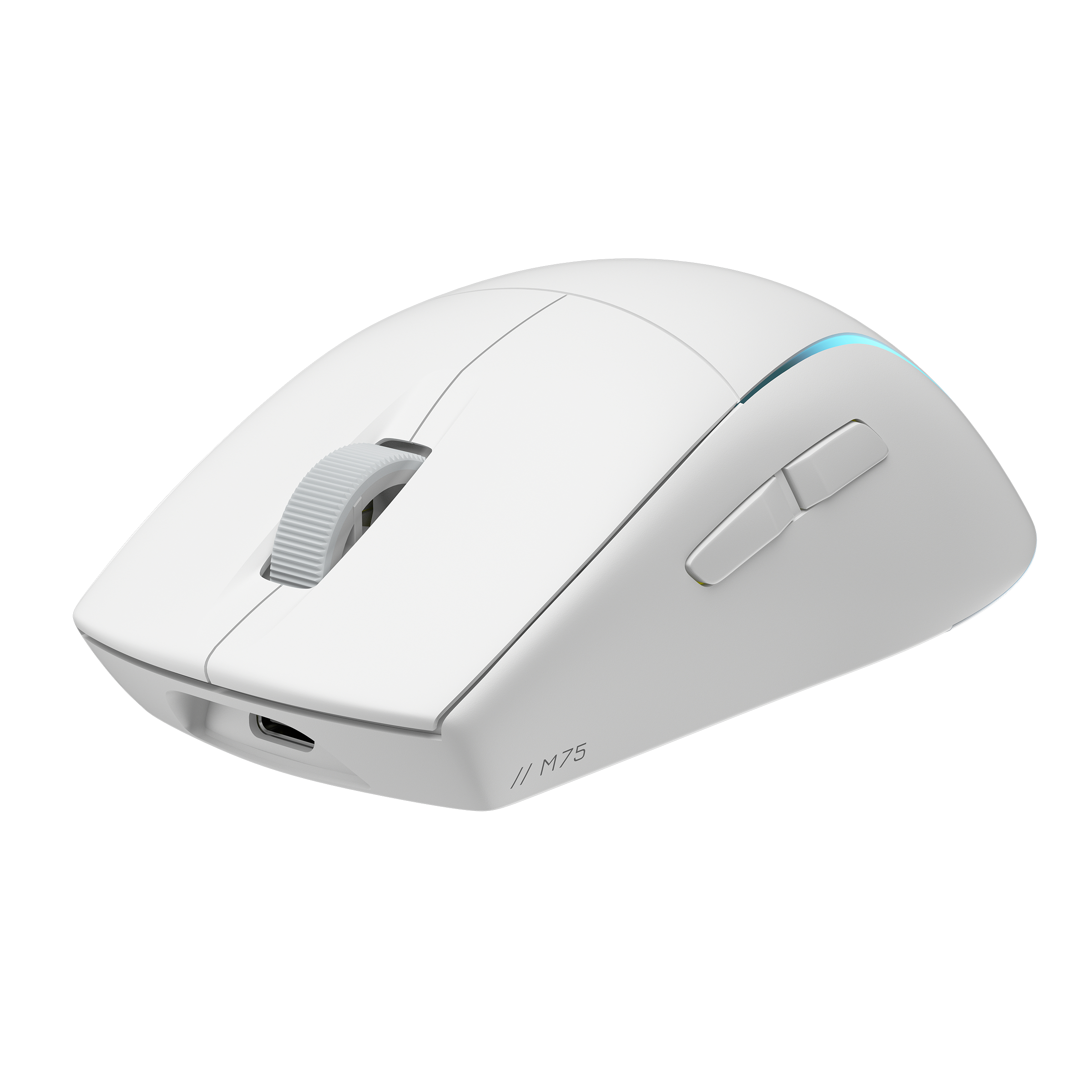 Biała mysz bezprzewodowa z kółkiem przewijania i dwoma bocznymi przyciskami, ustawiona na białej powierzchni.
