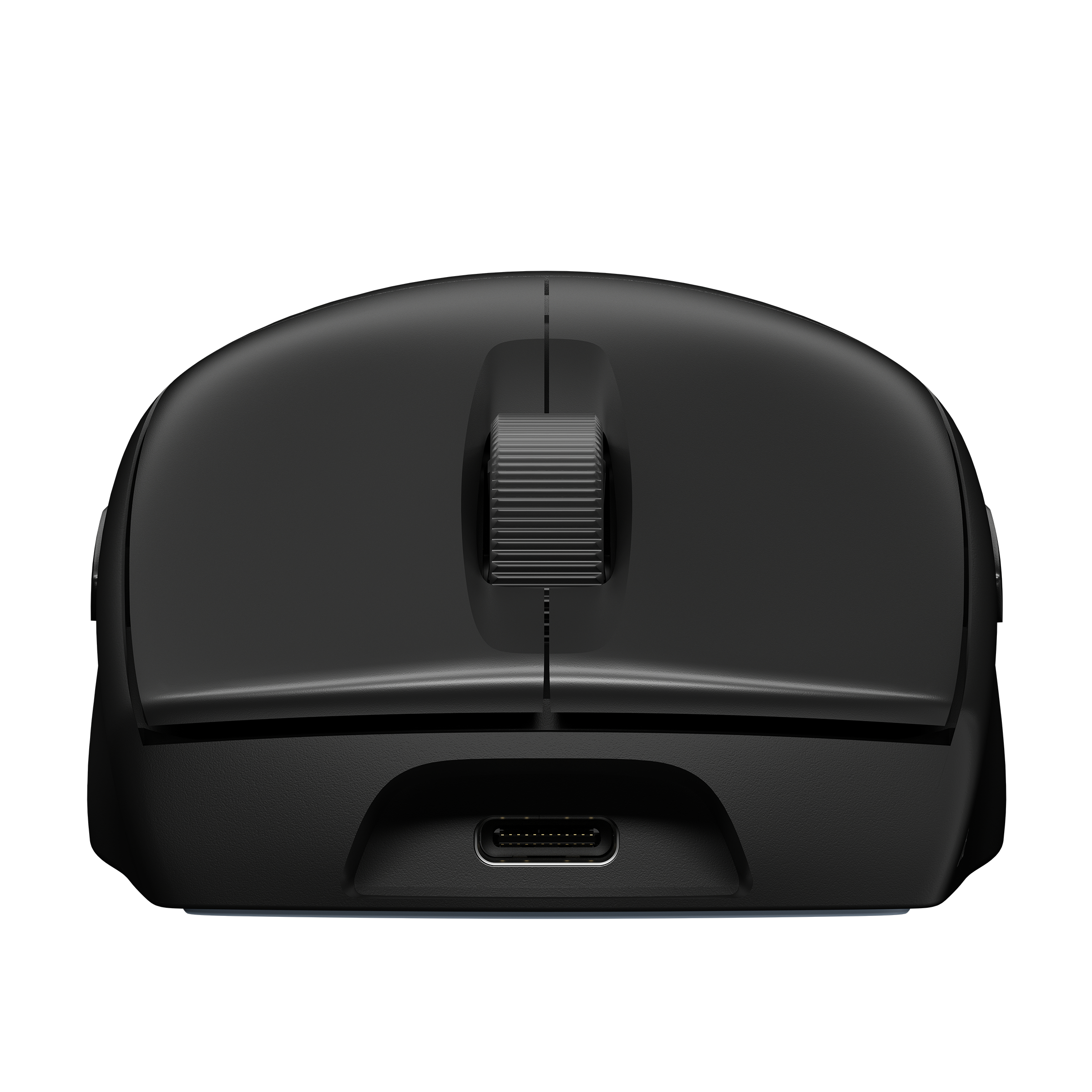 Czarna mysz bezprzewodowa z kółkiem przewijania i portem USB-C.