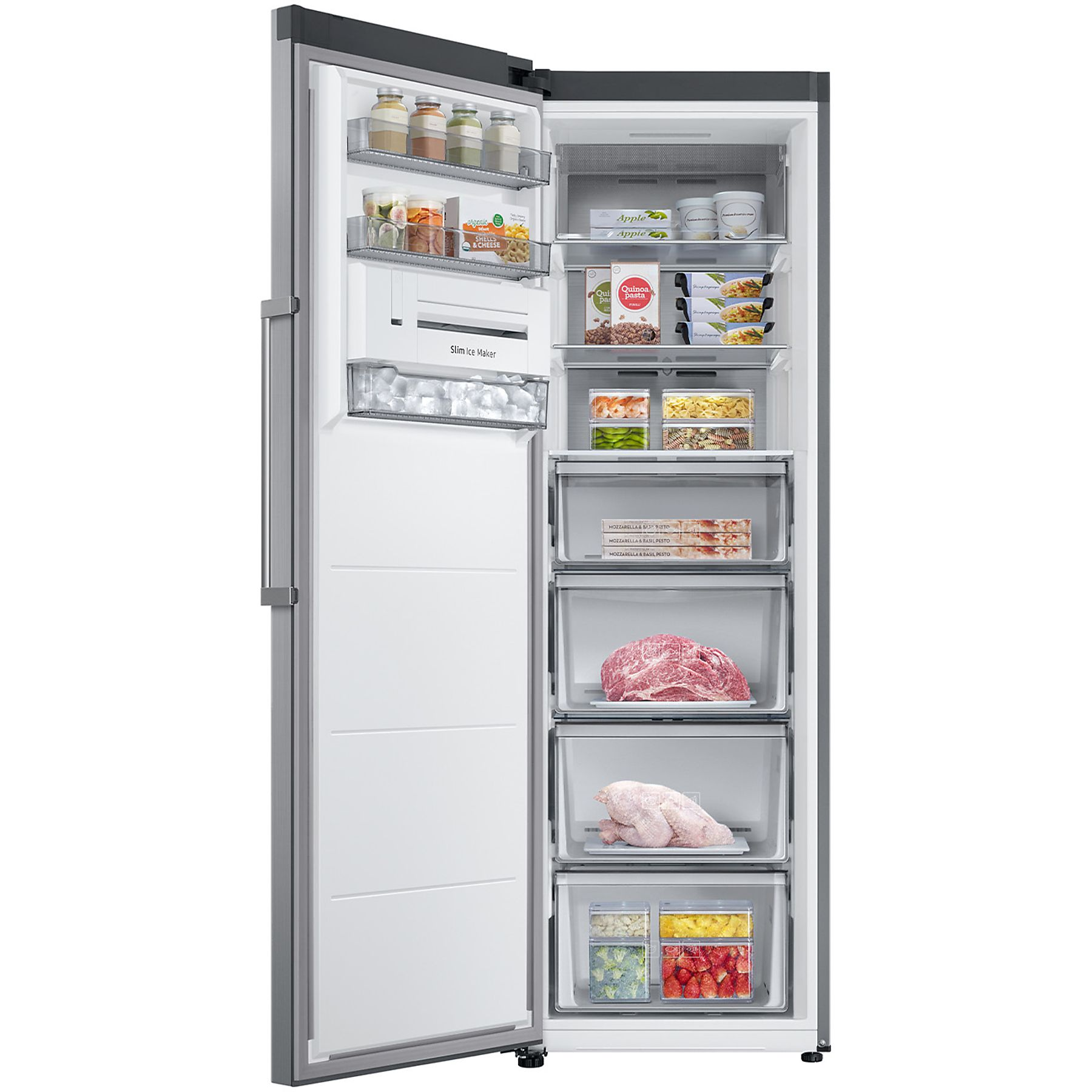 Frigorifero Samsung con porta aperta. Mostra ripiani, cassetti e alimenti.