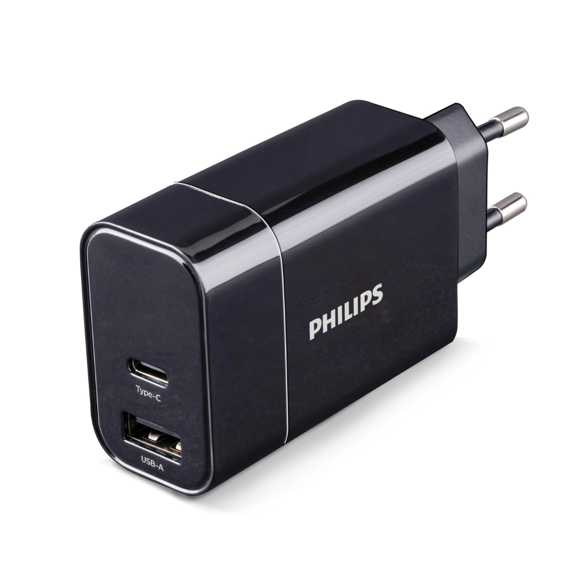 Een zwarte oplader met twee poorten: USB-A en USB-C. De merknaam "PHILIPS" is op de zijkant gedrukt.