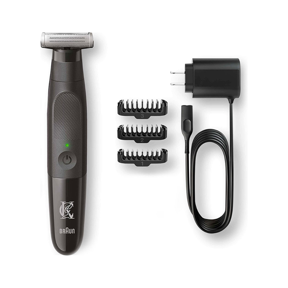 Braun body groomer set with trimmer, guards, and charger.