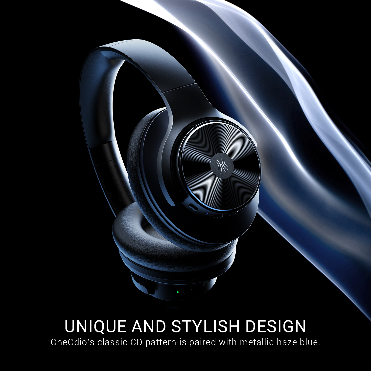 Black headphones with a metallic blue accent on a black background.