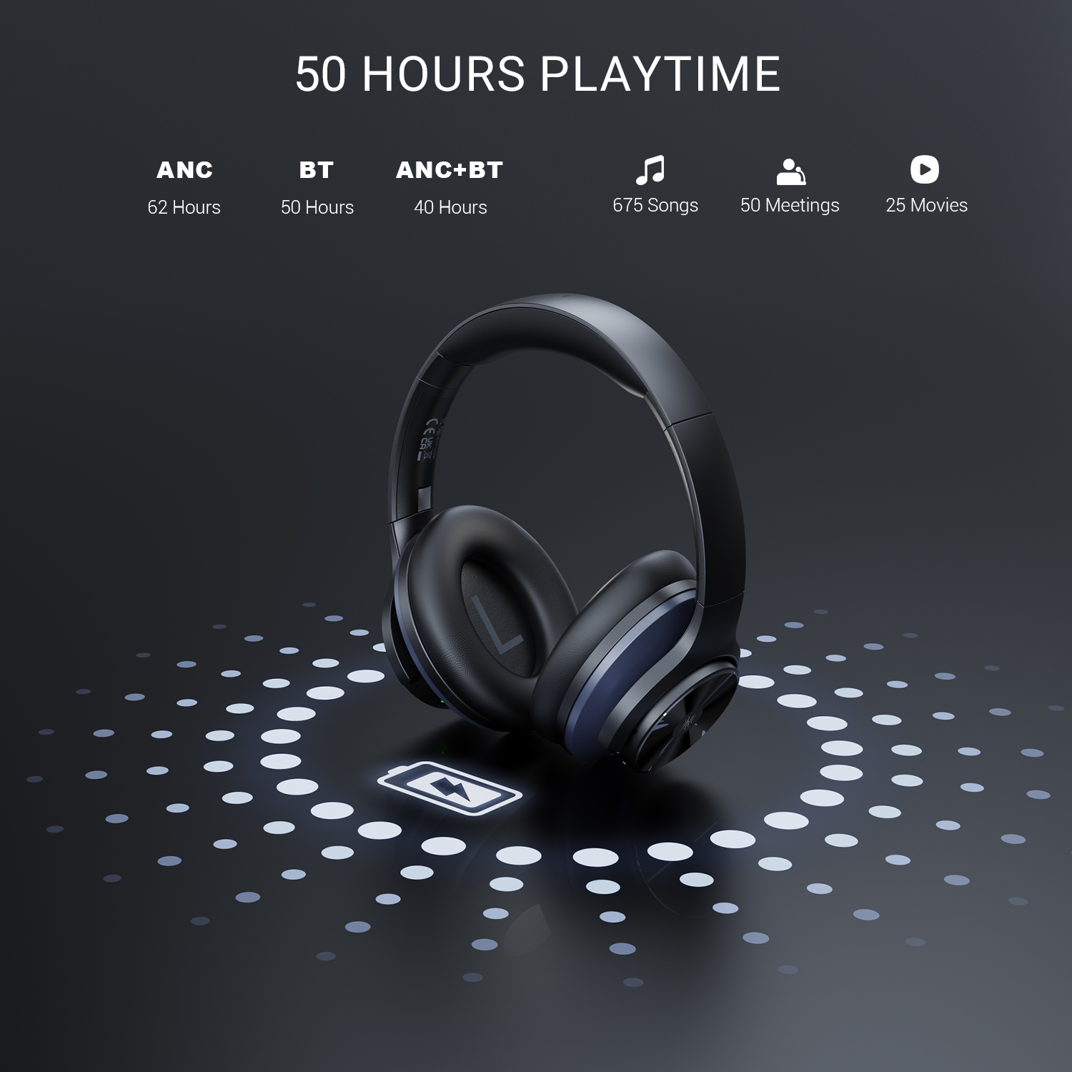 Black headphones. Text says 50 hours playtime with different modes.