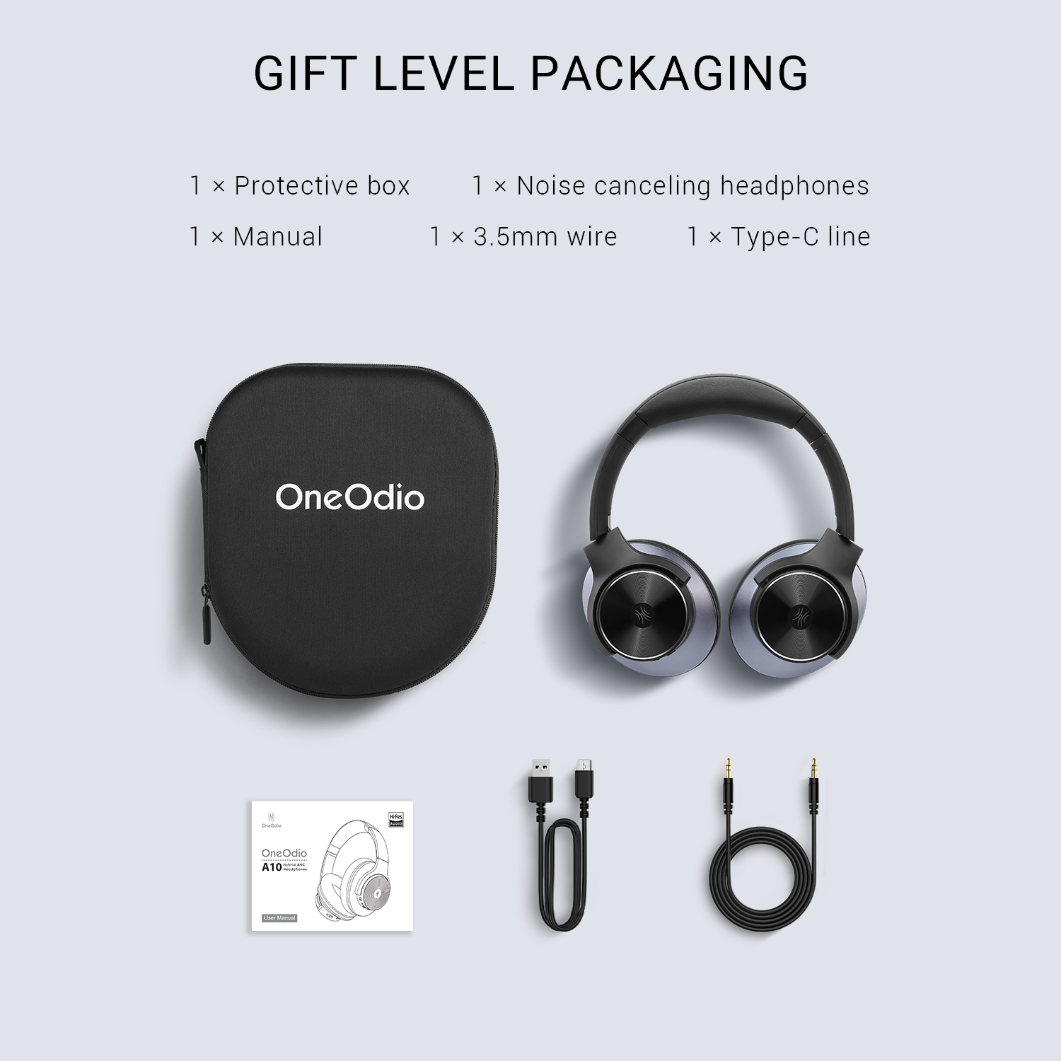 Gift set packaging with headphones, a case, cables, and a manual. The brand name is on the case and manual.