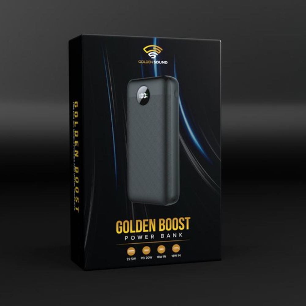 Power bank noire dans une boîte, avec texte Golden Boost et affichage numérique.