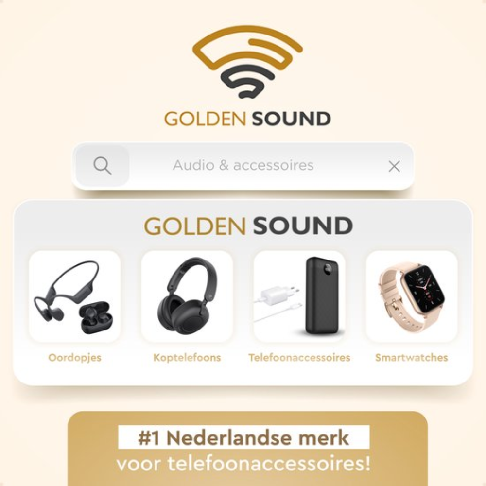 Afbeelding met het Golden Sound logo en een zoekbalk. Hieronder staan afbeeldingen van koptelefoons, oordopjes en smartwatches.