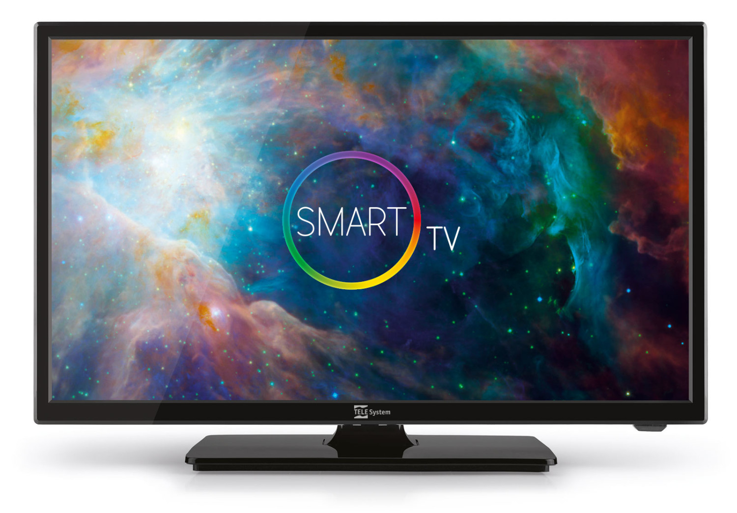 Smart TV, cornice nera, display mostra galassia colorata. Sfondo bianco. Logo Smart TV.