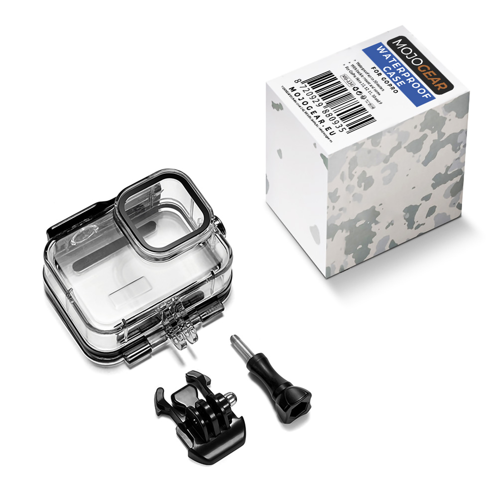 Transparente wasserdichte Hülle für GoPro-Kamera mit Zubehör und Verpackung.