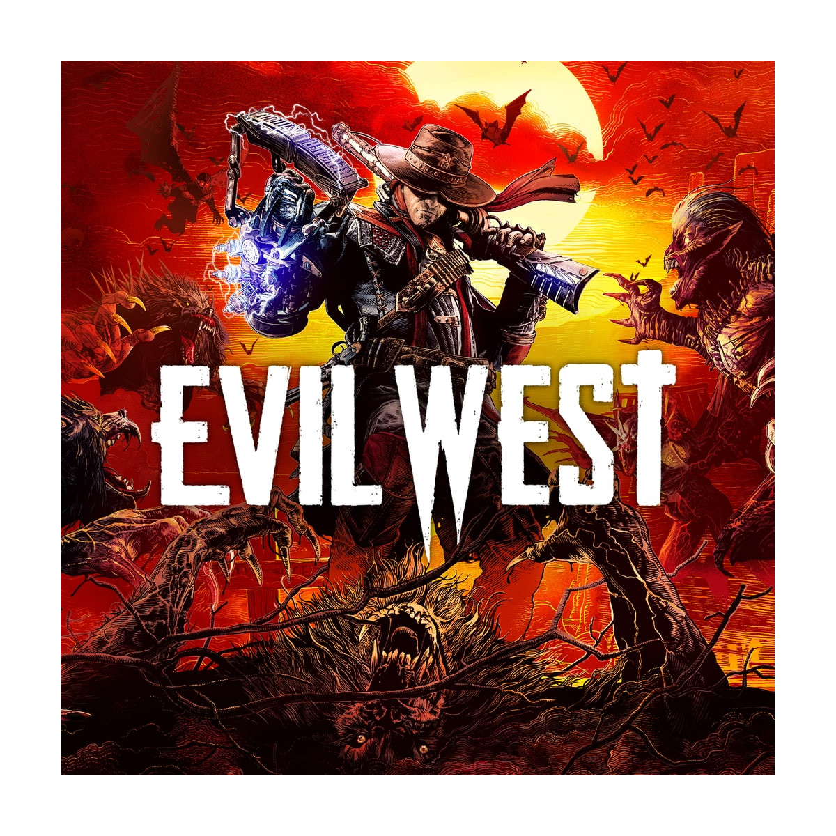 Portada del juego Evil West. Muestra a un vaquero con un arma, rodeado de monstruos.