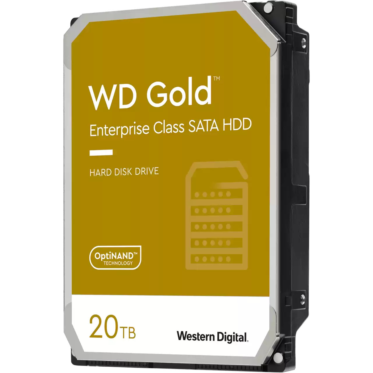 Un disco rigido WD Gold dorato con etichette di testo.
