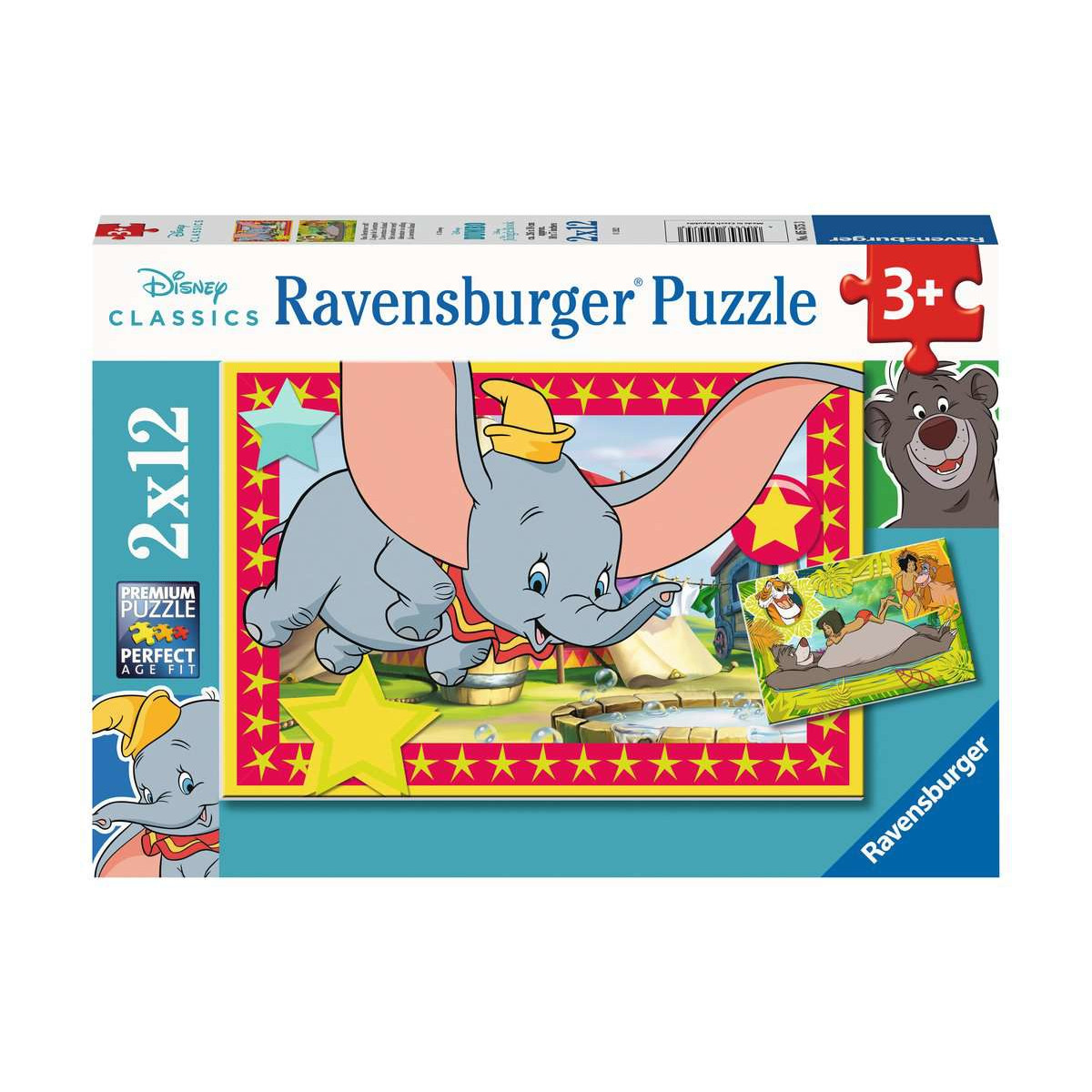 Pudełko z puzzlami Dumbo z logo Disney Classics i elementami.