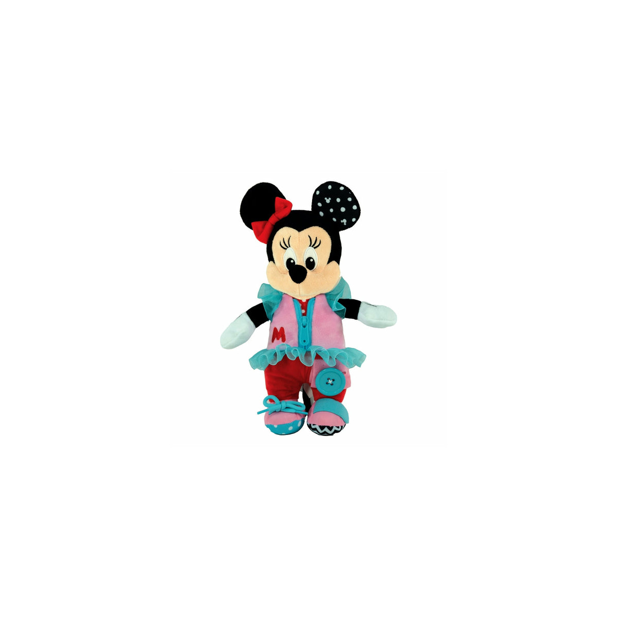 Minnie Mouse Plüschtier in rosa Kleid, rotem Rock und blauen Schuhen.
