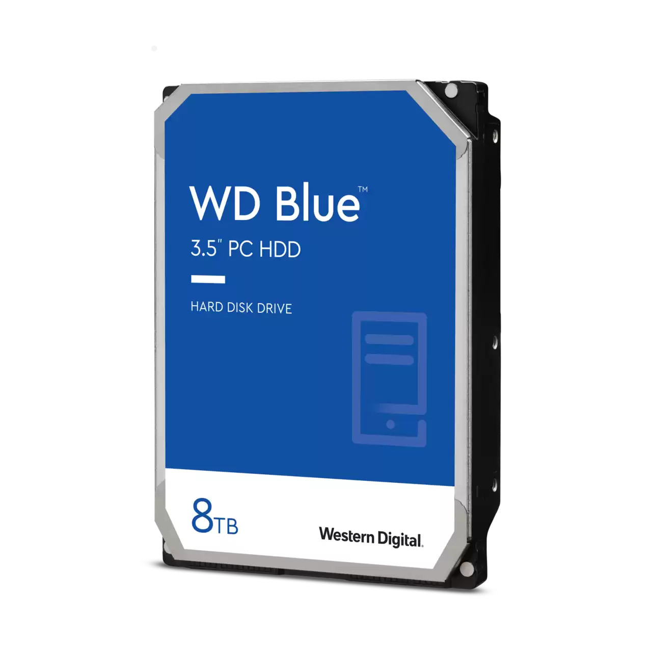Dysk twardy WD Blue 8TB, z etykietą WD Blue i szczegółami, białe tło.