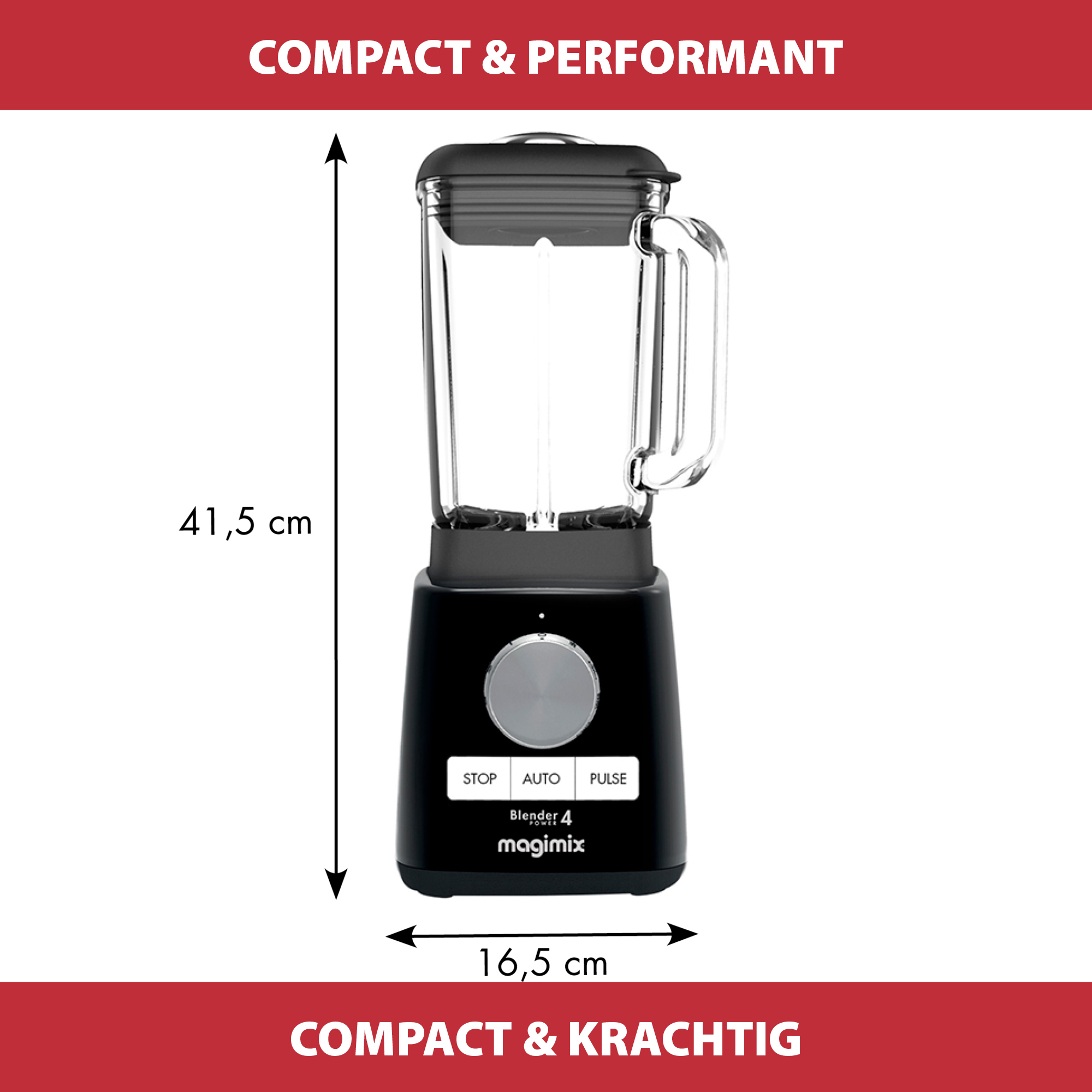 Een zwarte Blender 4 blender. Afmetingen van 41,5 cm hoog en 16,5 cm breed.