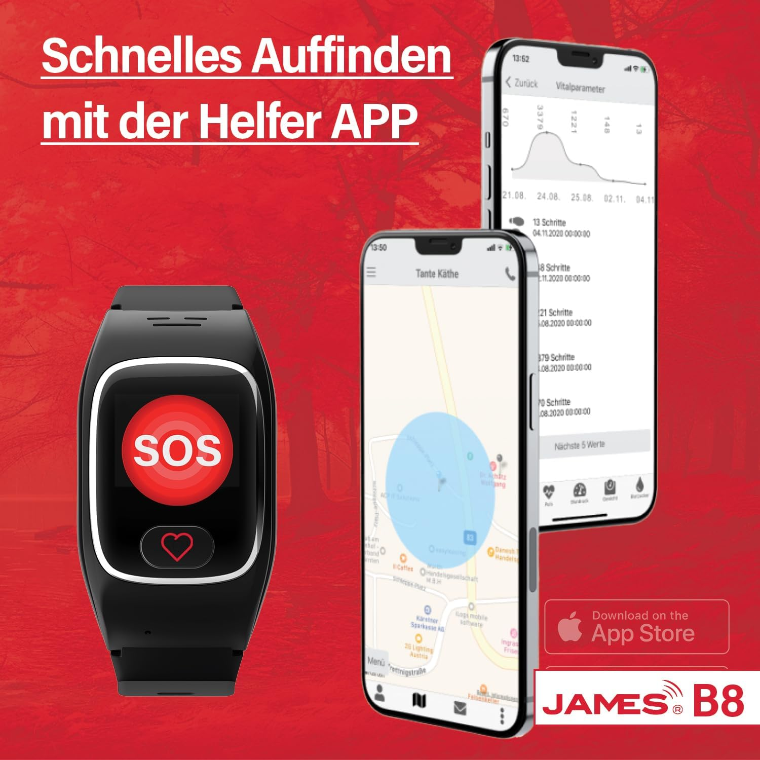Smartwatch e due telefoni che mostrano dati sanitari e una mappa con un cerchio blu.