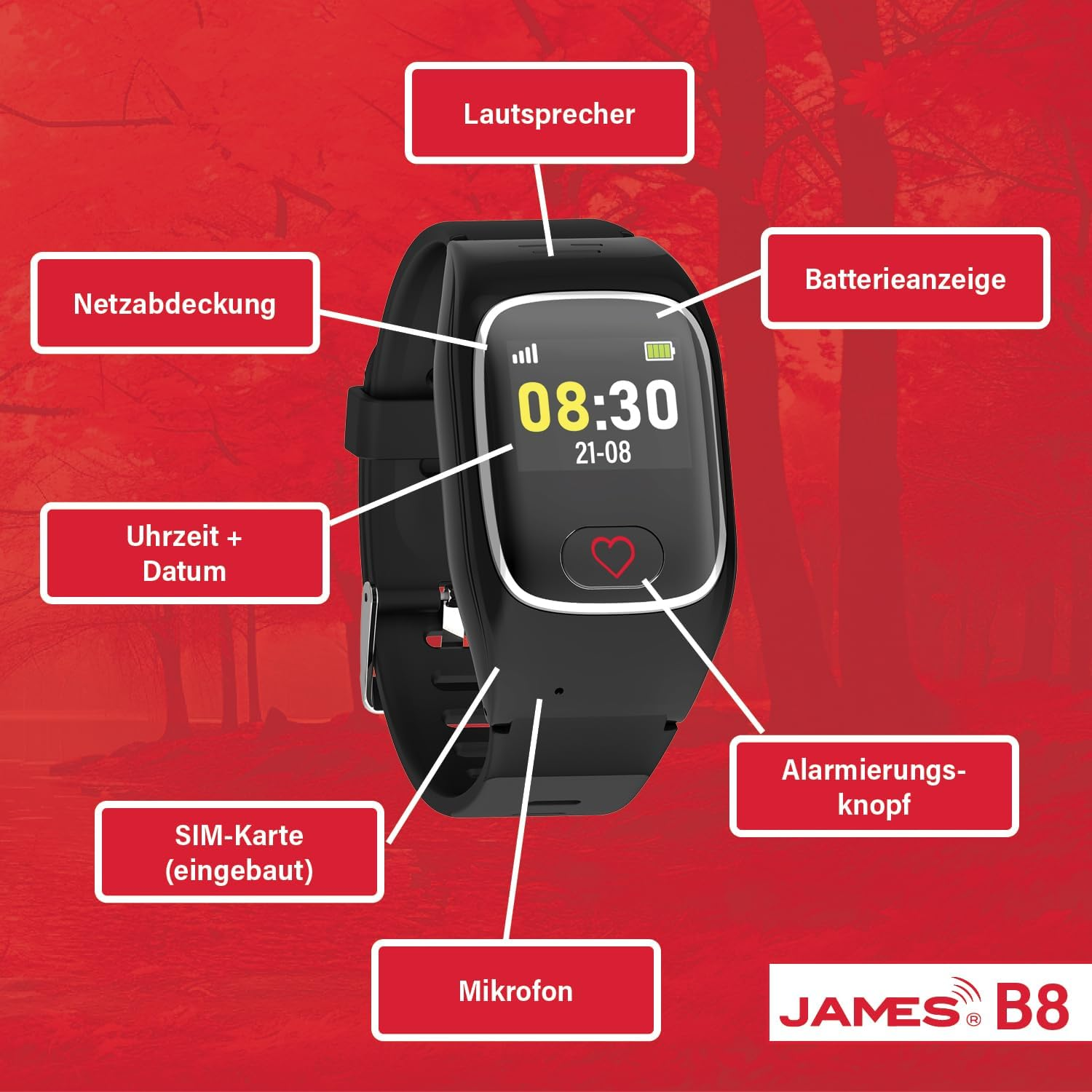 Smartwatch nero con visualizzazione dell'ora, simbolo del cuore ed etichette in tedesco.